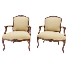 Pair of Fine Carved Country French Louis  XV Fauteuils Arm Fireside Chairs MINT