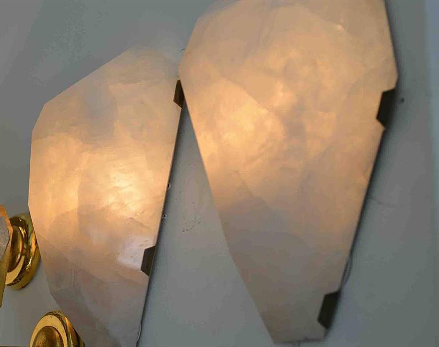 Pair of Fine Carved Diamond Form Rock Crystal Quartz Sconces In Excellent Condition For Sale In New York, NY