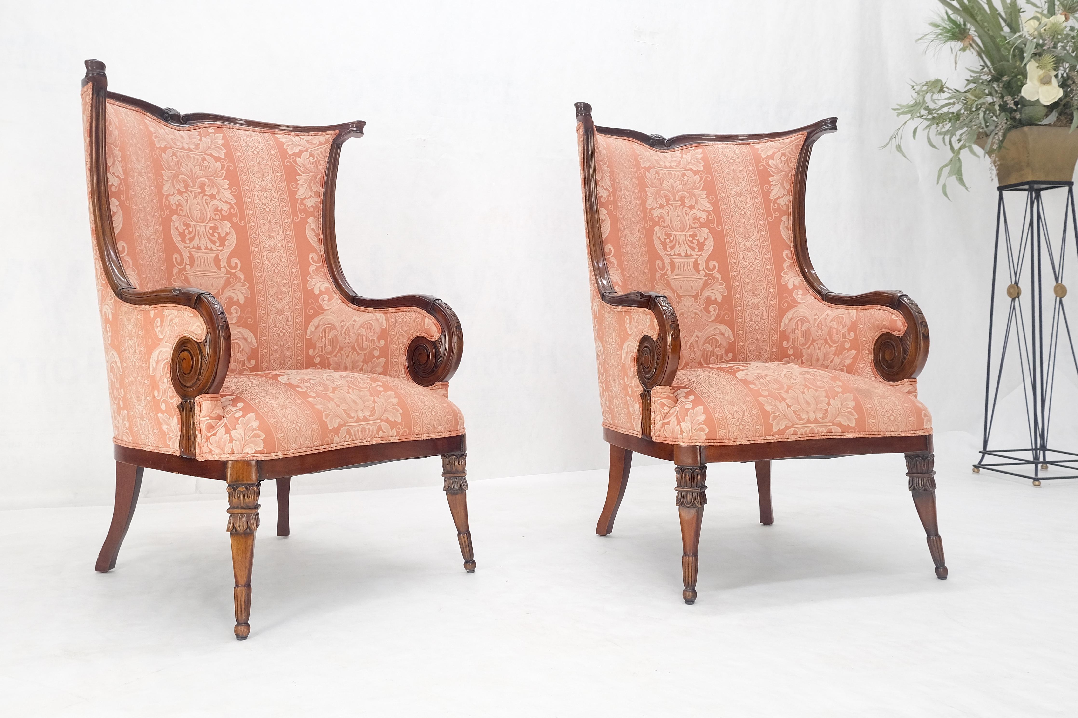 Pair of Fine Carved Mahogany Cream Silk Like Upholstery Regency Fire Side Chairs For Sale 4