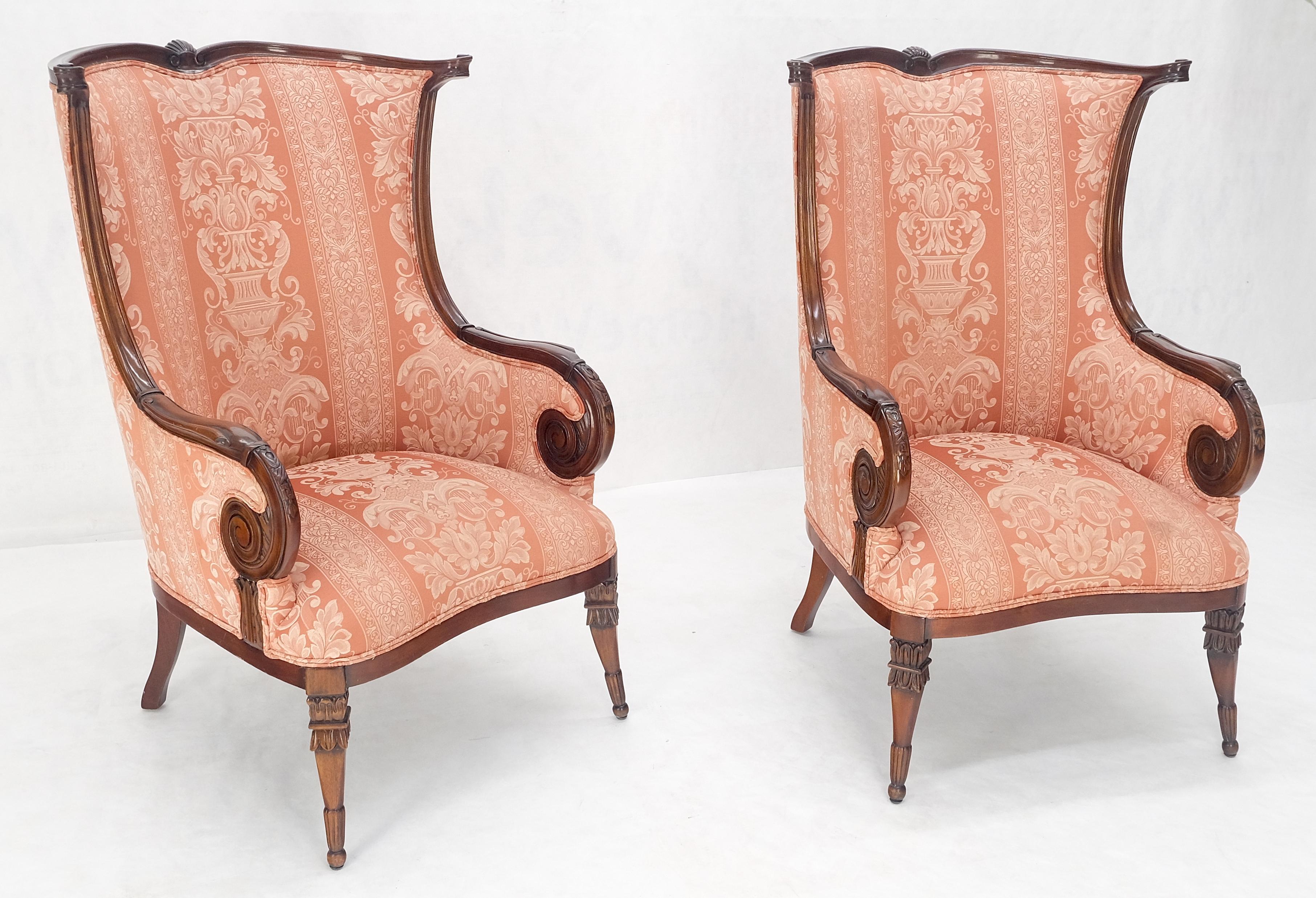 Pair of Fine Carved Mahogany Cream Silk Like Upholstery Regency Fire Side Chairs For Sale 6