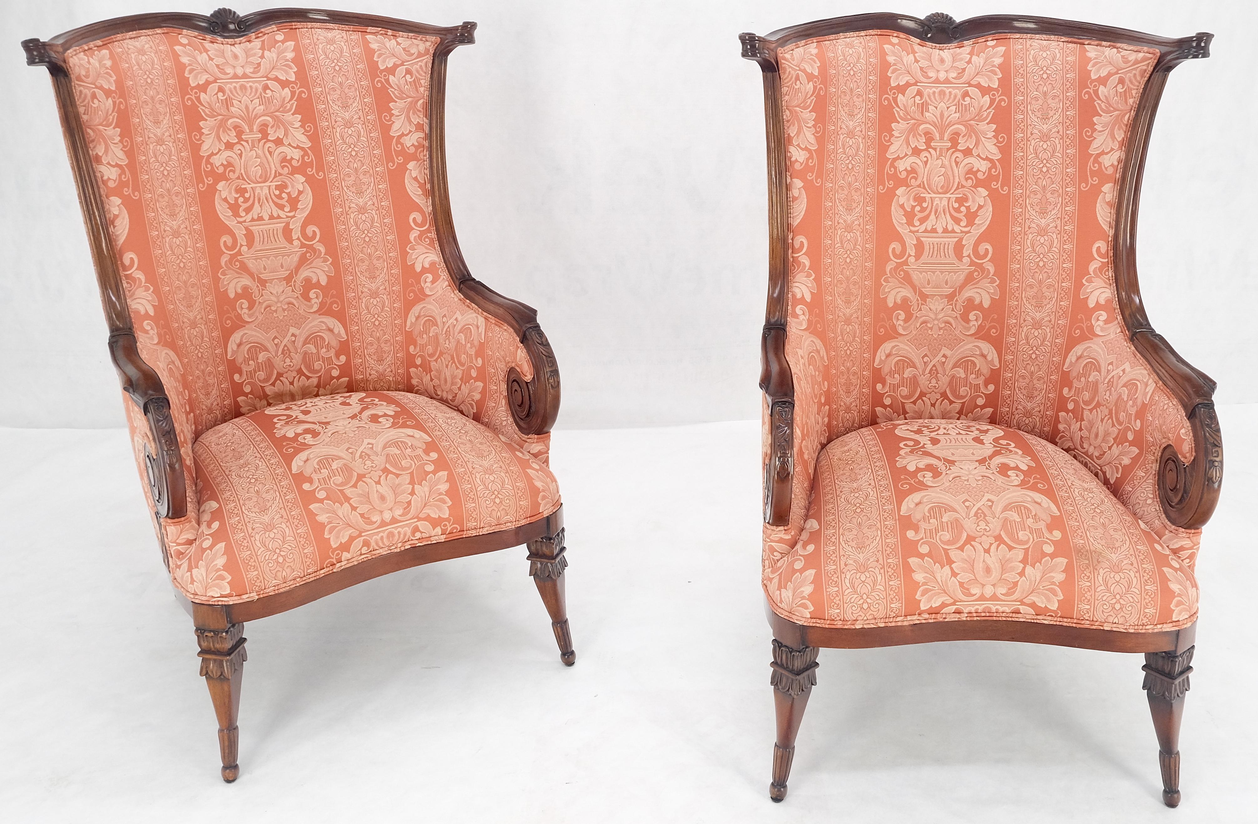 Mid-Century Modern Pair of Fine Carved Mahogany Cream Silk Like Upholstery Regency Fire Side Chairs