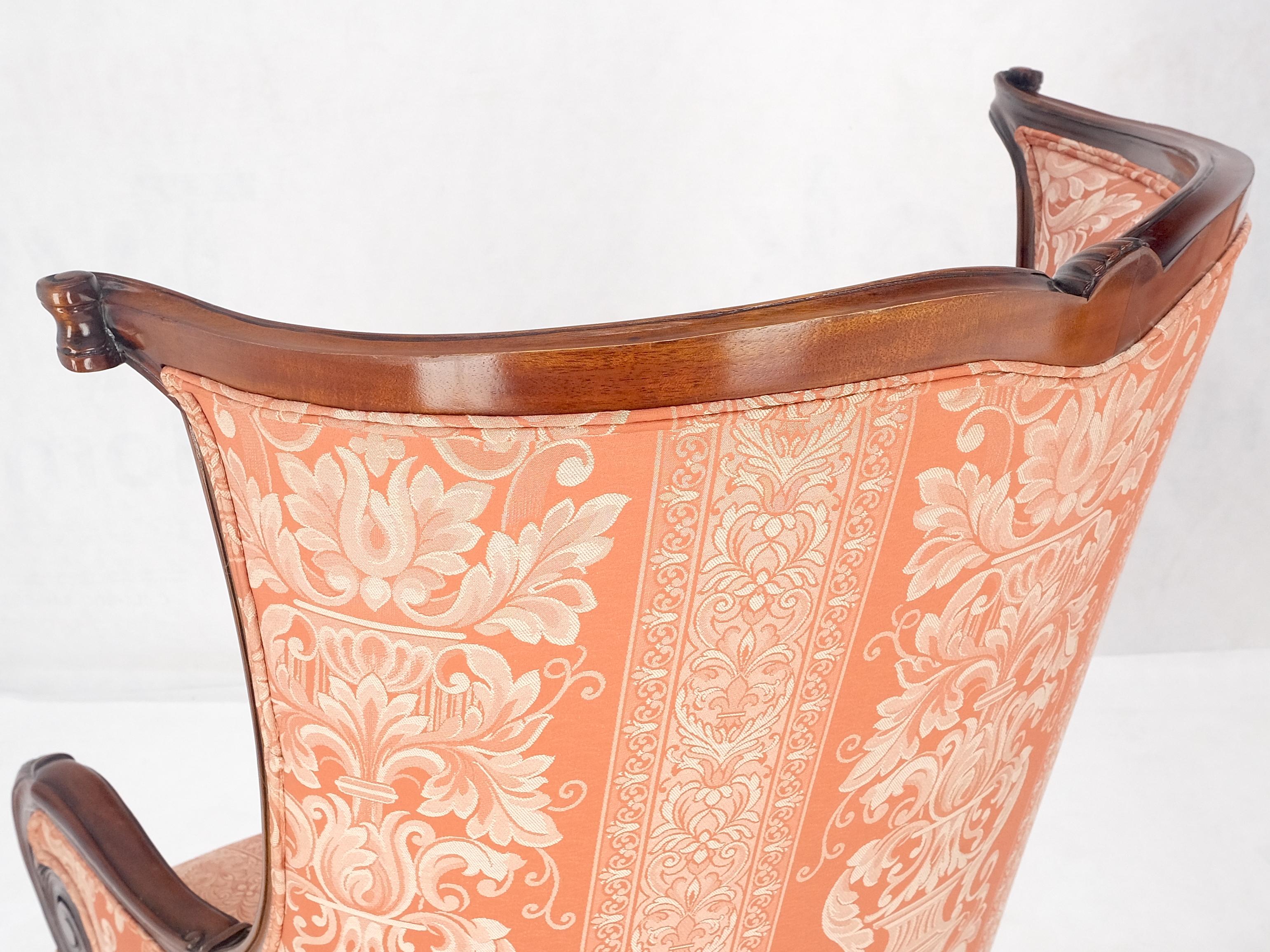 American Pair of Fine Carved Mahogany Cream Silk Like Upholstery Regency Fire Side Chairs