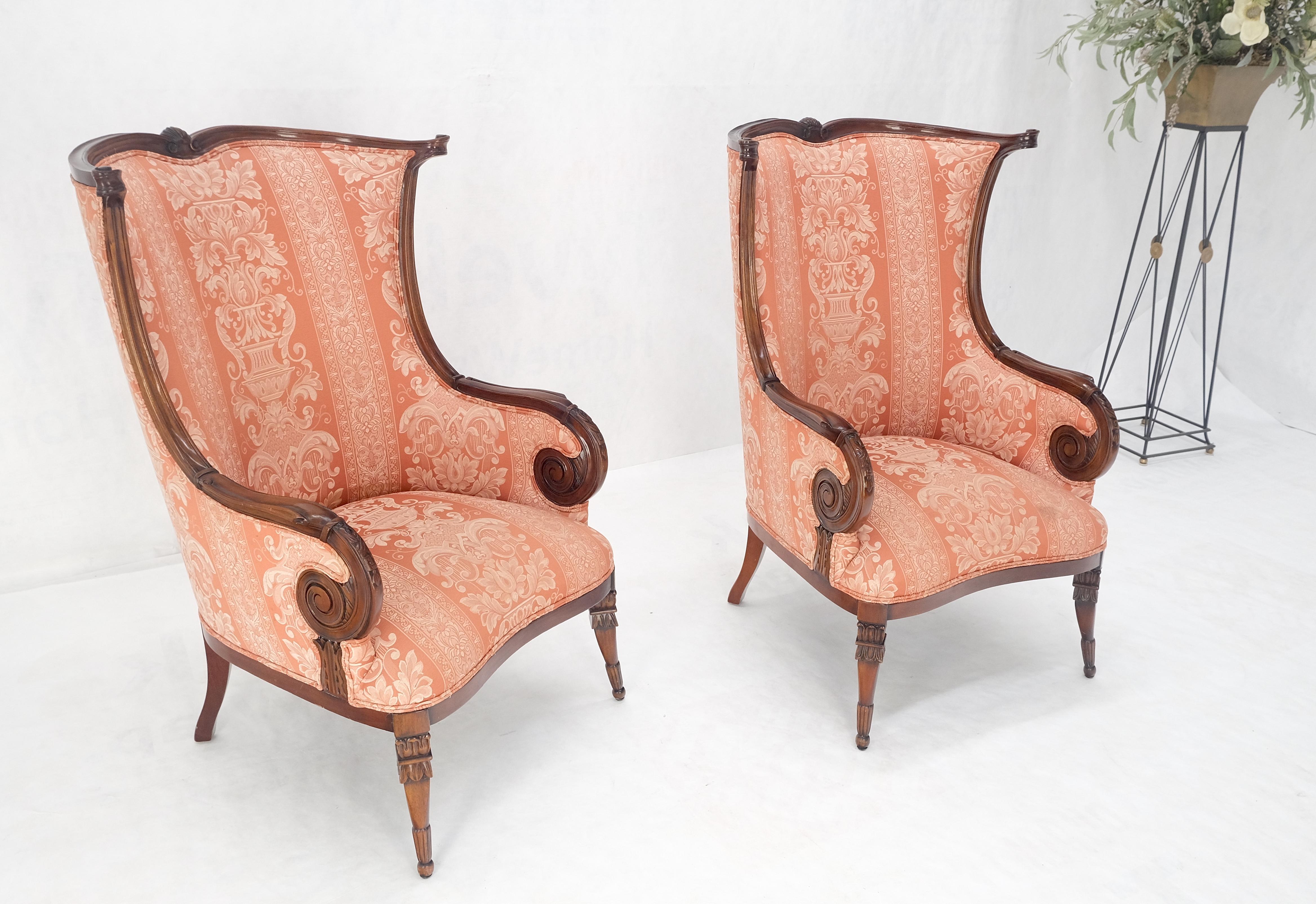Lacquered Pair of Fine Carved Mahogany Cream Silk Like Upholstery Regency Fire Side Chairs For Sale