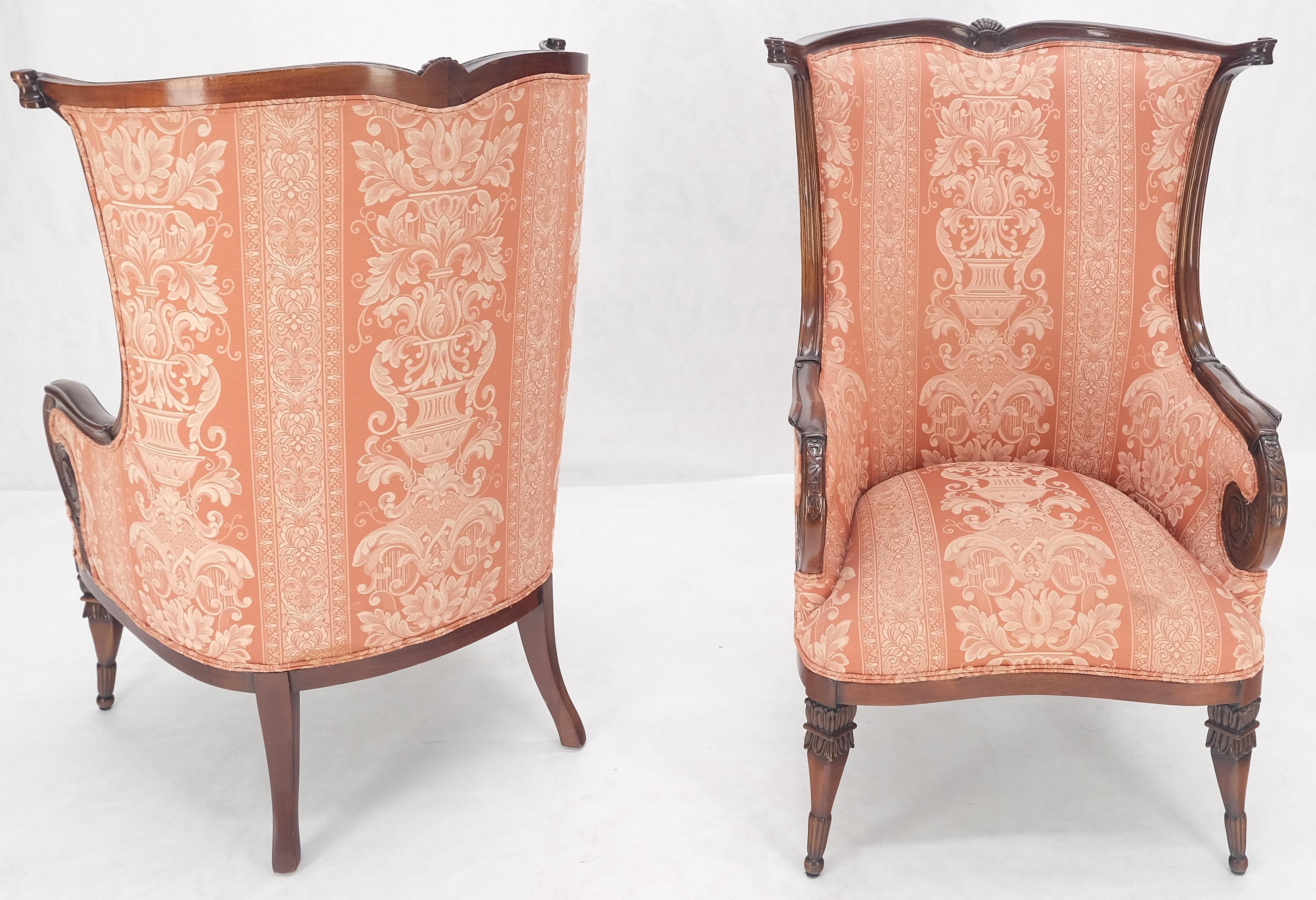 20th Century Pair of Fine Carved Mahogany Cream Silk Like Upholstery Regency Fire Side Chairs For Sale