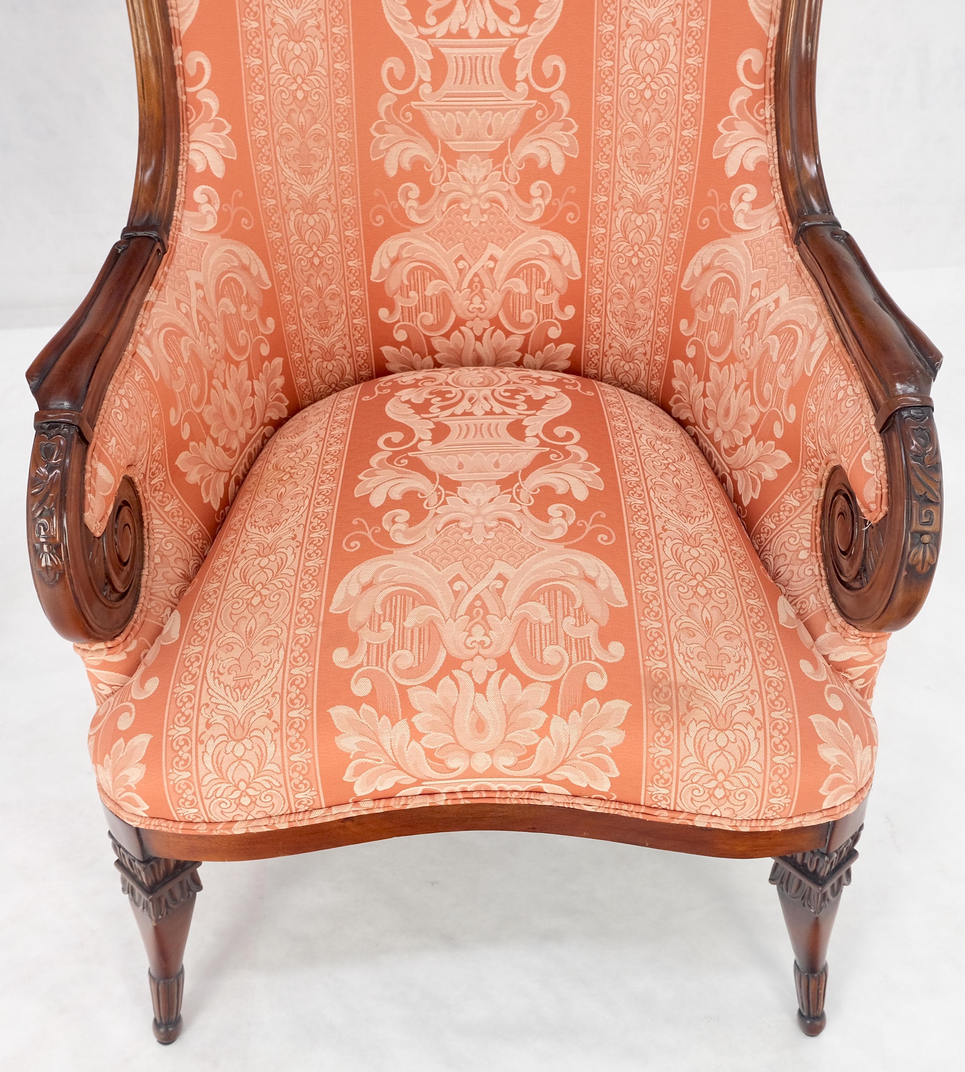 Pair of Fine Carved Mahogany Cream Silk Like Upholstery Regency Fire Side Chairs For Sale 1