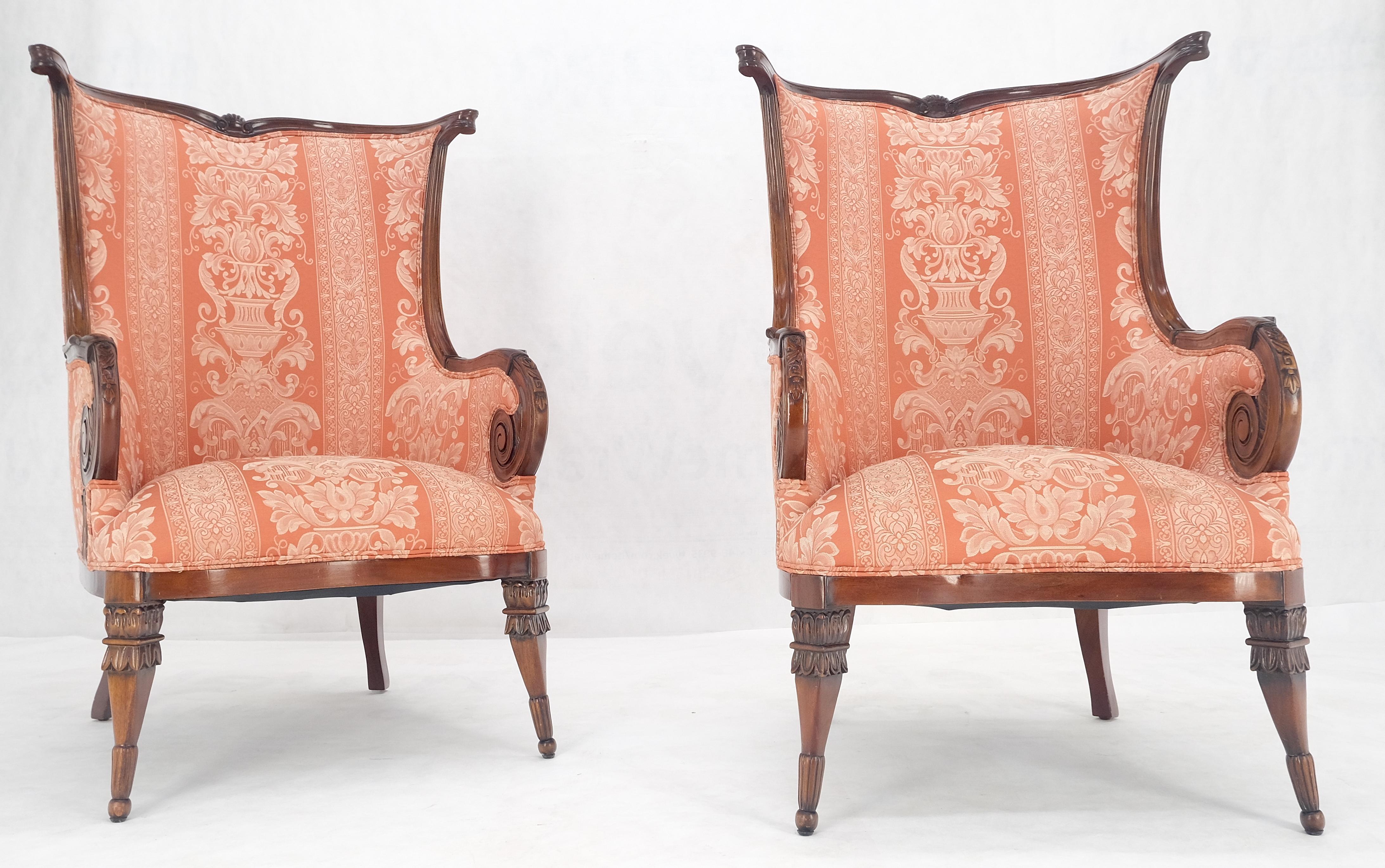 Pair of Fine Carved Mahogany Cream Silk Like Upholstery Regency Fire Side Chairs For Sale 2