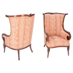 Used Pair of Fine Carved Mahogany Cream Silk Like Upholstery Regency Fire Side Chairs