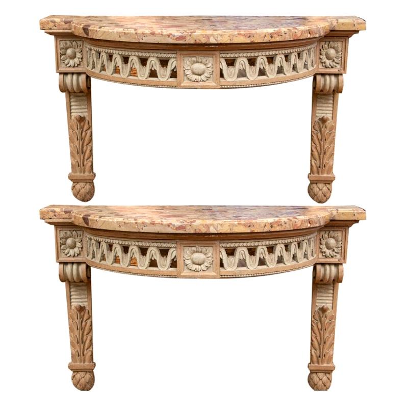 Pair of Fine Carved Marble Top Wall Mount Demilune Consoles