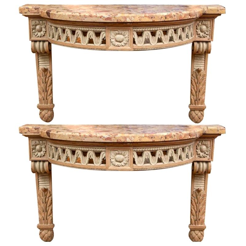 Pair of Fine Carved Marble Top Wall Mount Demilune Consoles