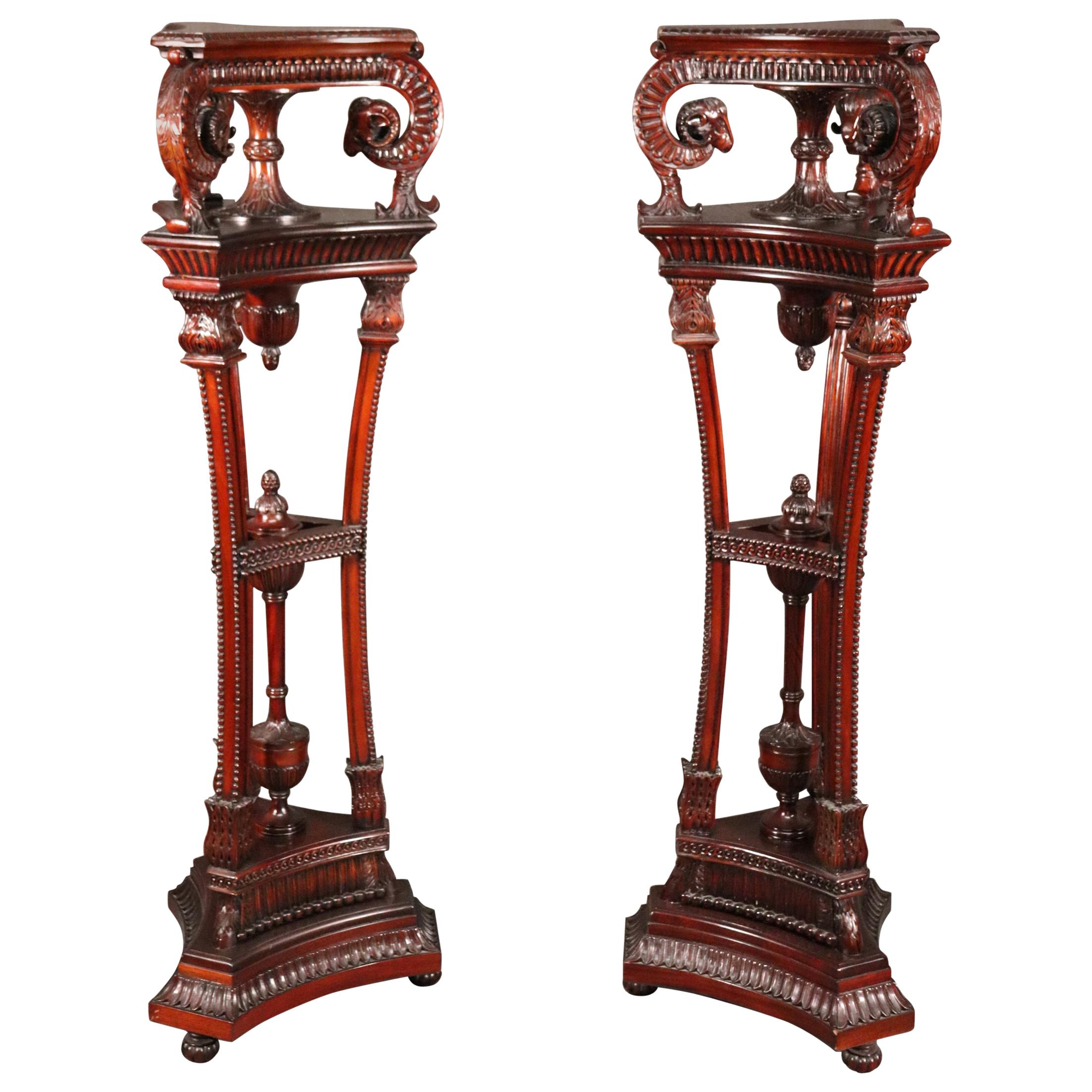 Pair of Fine Carved Rams Head Tall Georgian Mahogany Pedestals Plantstands