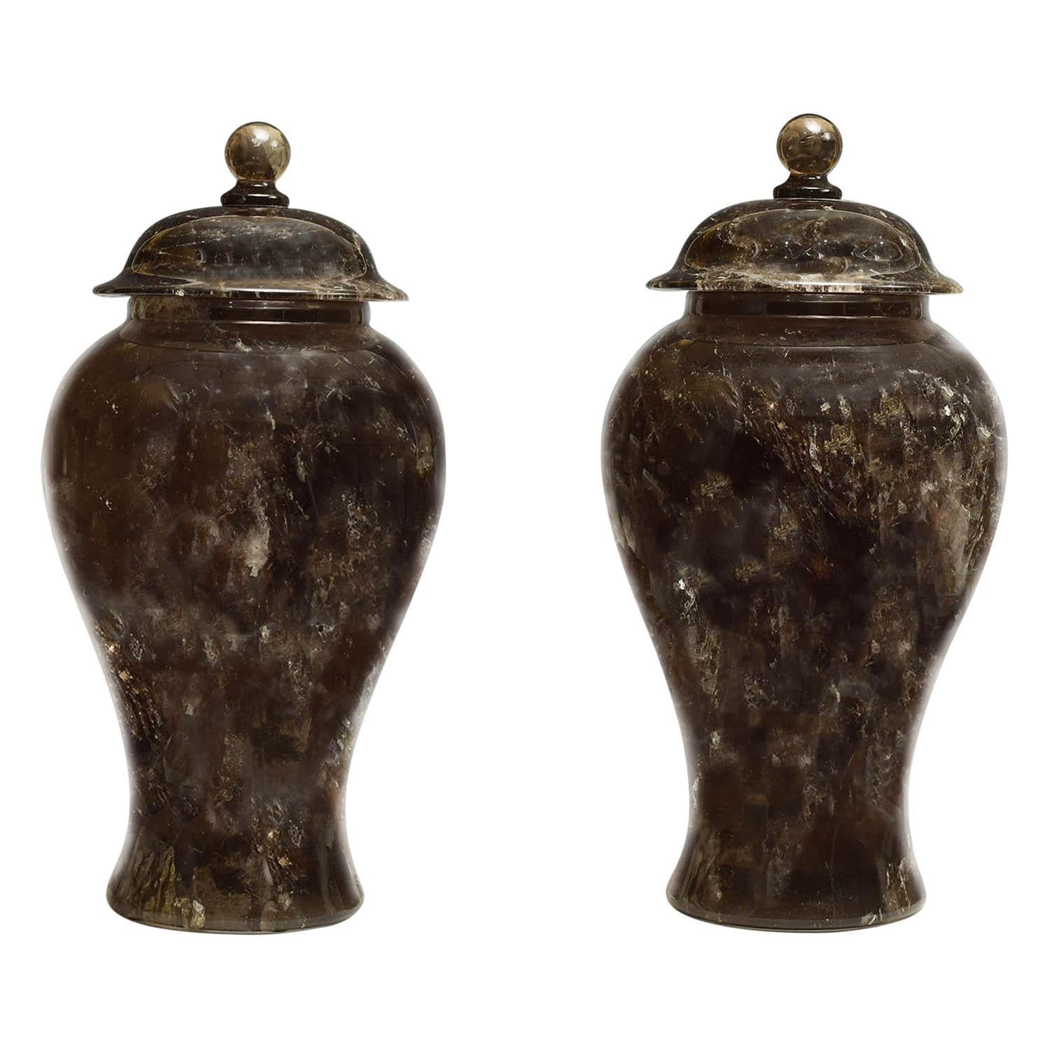 Pair of Fine Carved Smoky Rock Crystal Jars For Sale