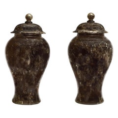 Pair of Fine Carved Smoky Rock Crystal Jars