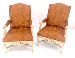 Pair of Fine Carved White Lacquer Rouge Floral Upholstery Arm Club Chairs MINT