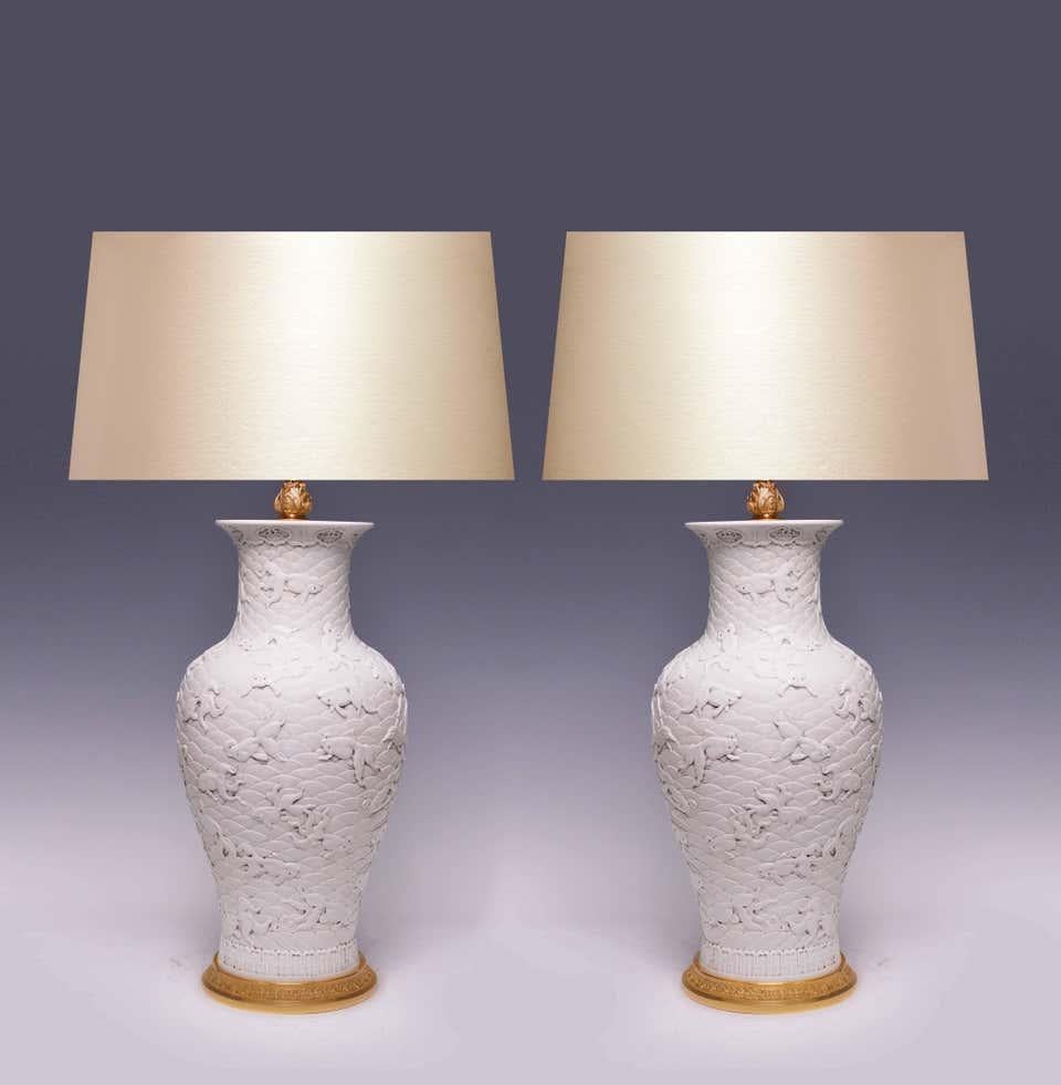 20th Century Pair of Fine Carved White Porcelain Lamps For Sale