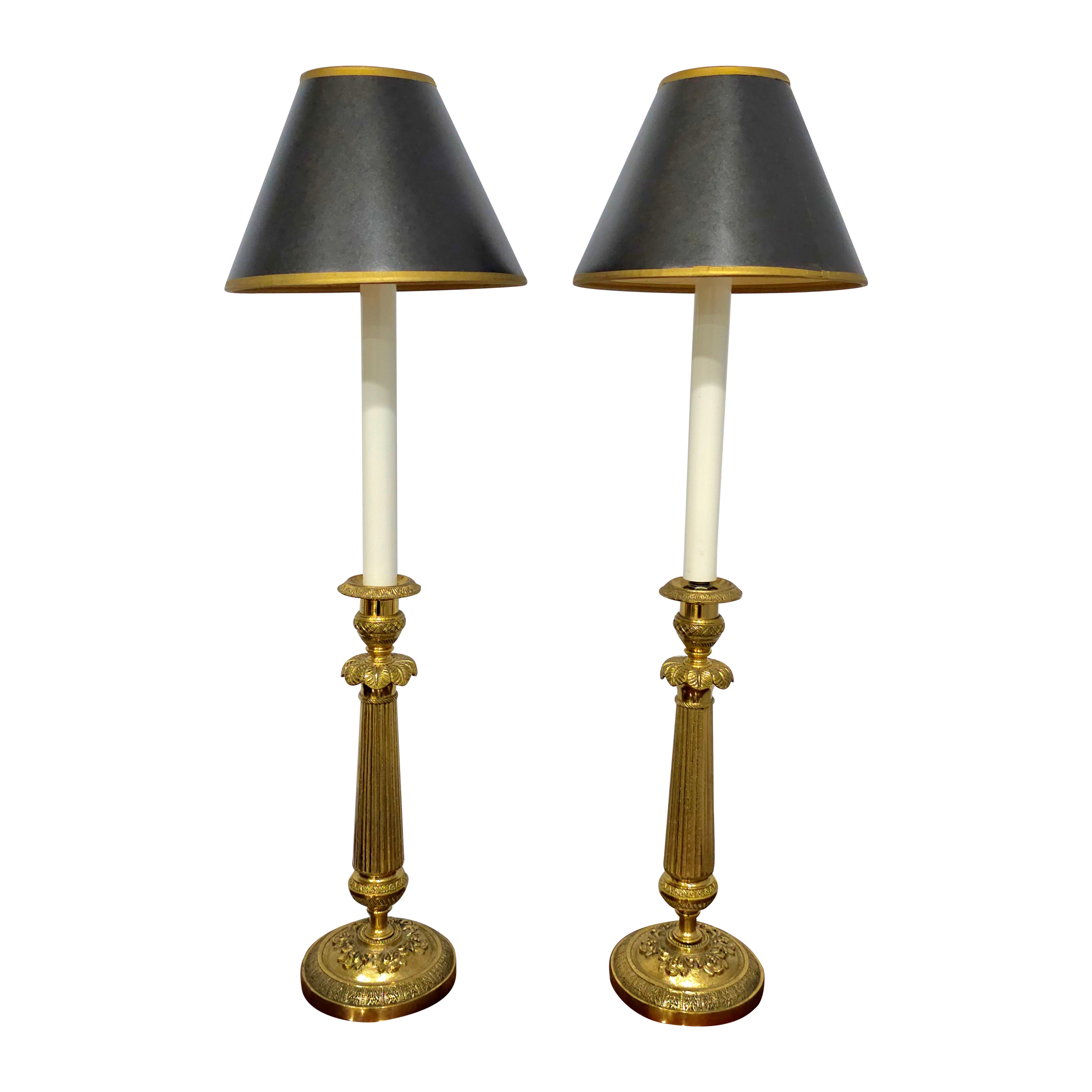 Pair of Fine Chased Brass Candlestick Lamps