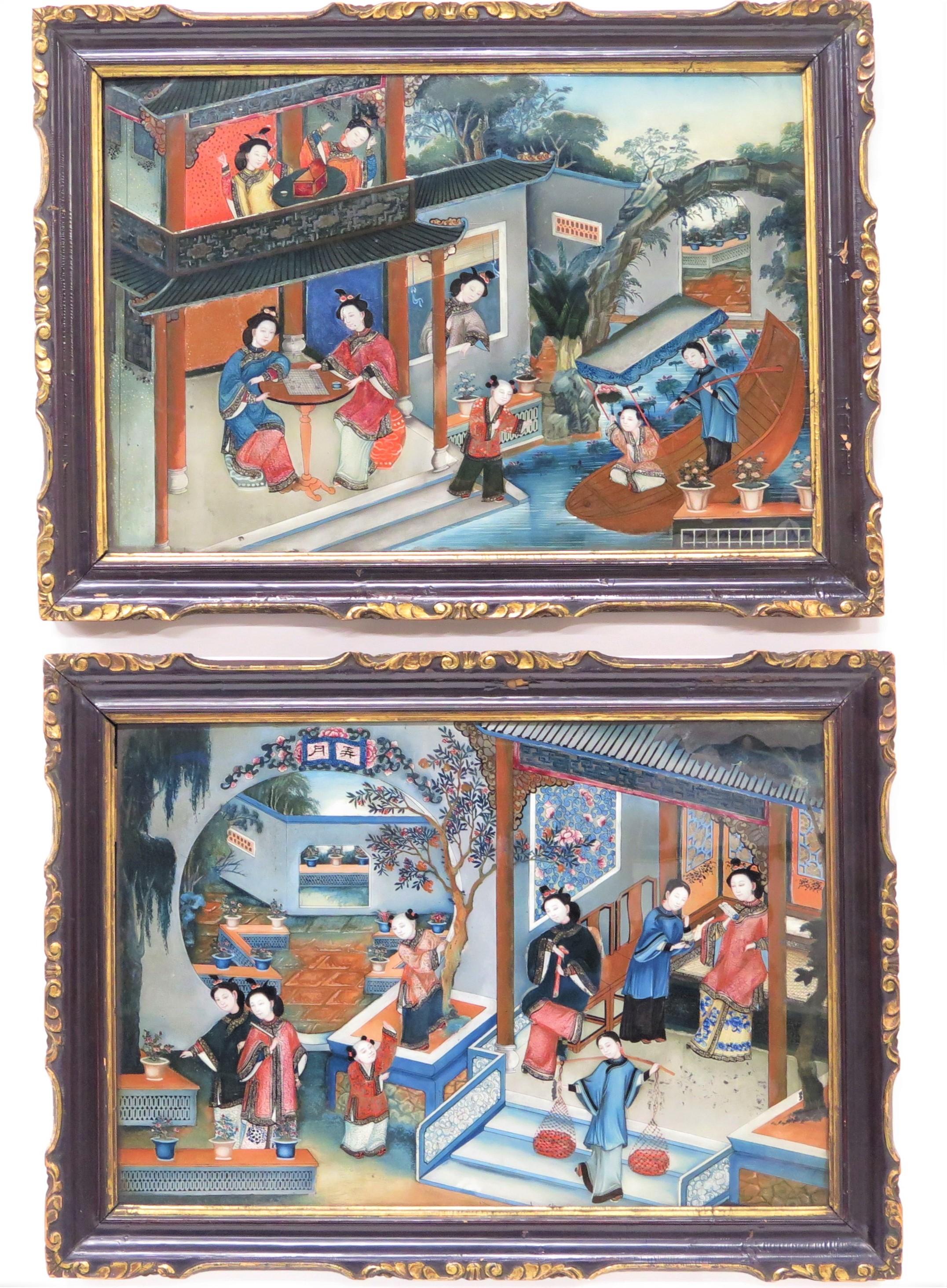 Pair of Fine Chinese Export Reverse Paintings on Glass, Circa 1830 4