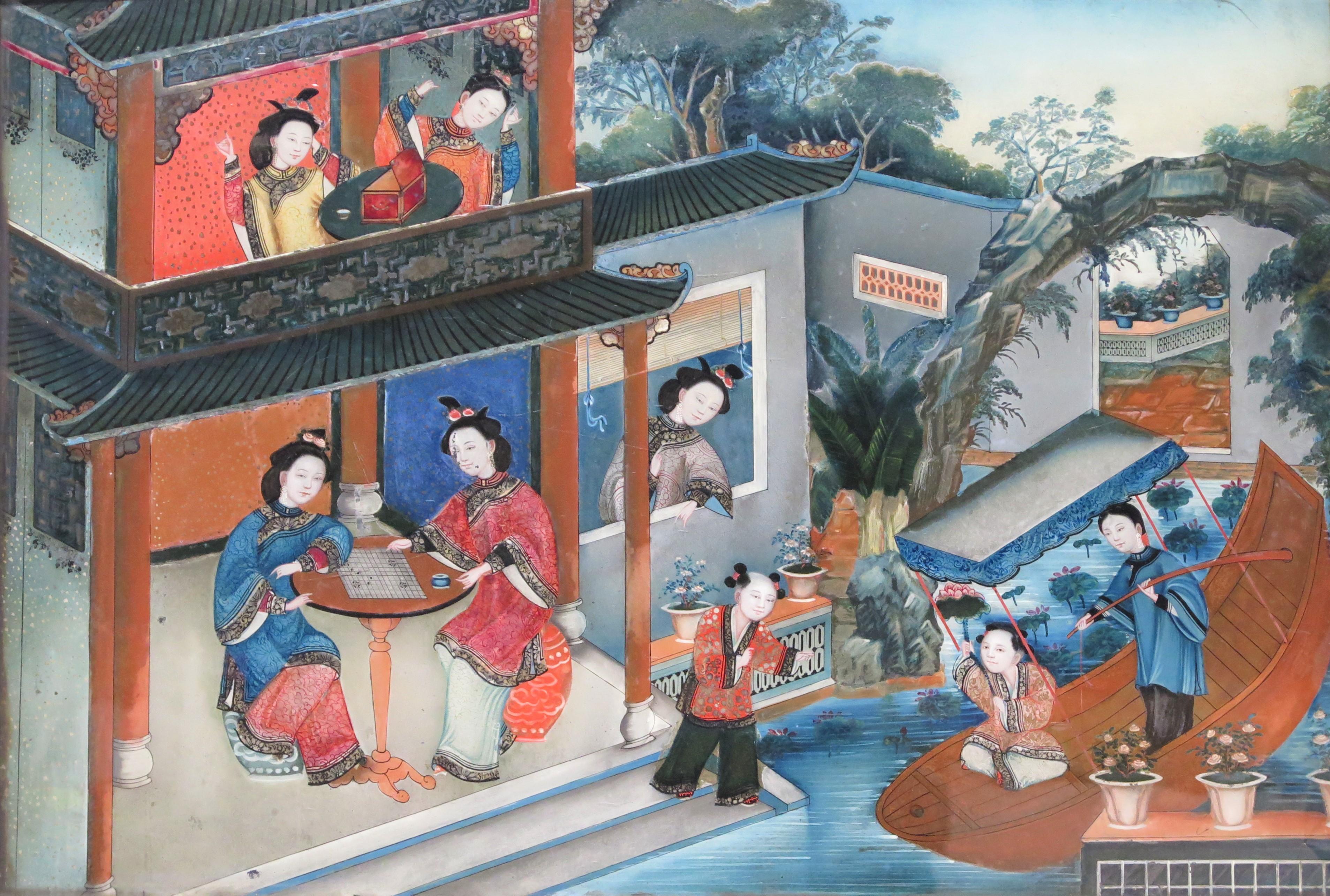 Pair of Fine Chinese Export Reverse Paintings on Glass, Circa 1830 9