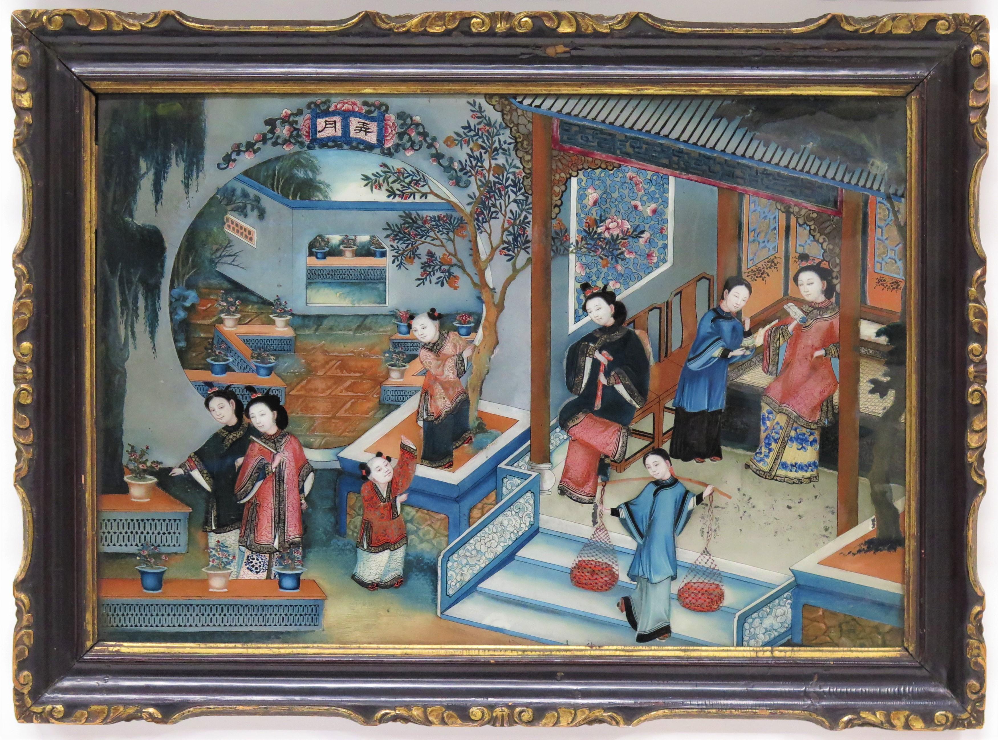 Paar feine chinesische Export-Reverse-Gemälde auf Glas, um 1830 (Chinesischer Export) im Angebot