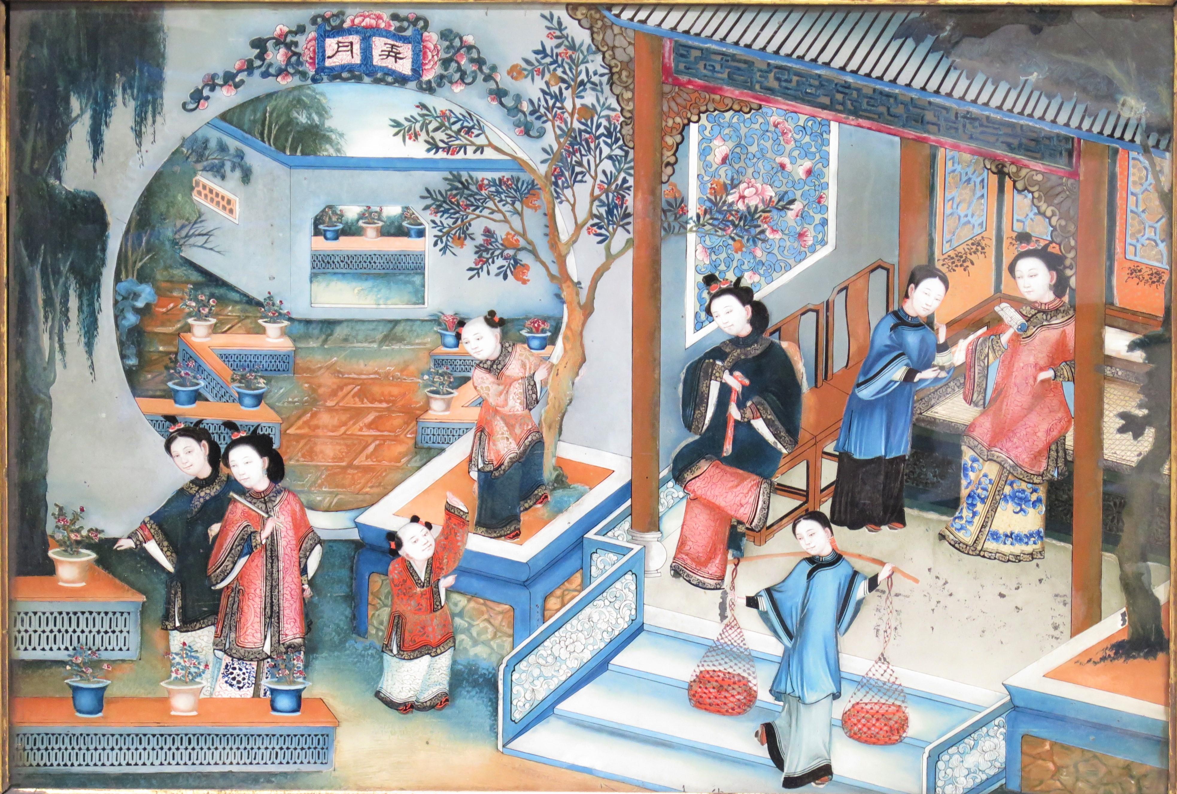 Paar feine chinesische Export-Reverse-Gemälde auf Glas, um 1830 (Chinesisch) im Angebot