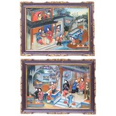 Pair of Fine Chinese Export Reverse Paintings on Glass, Circa 1830