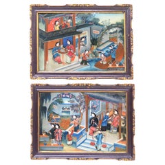 Coppia di raffinati dipinti cinesi d'esportazione su vetro, circa 1830