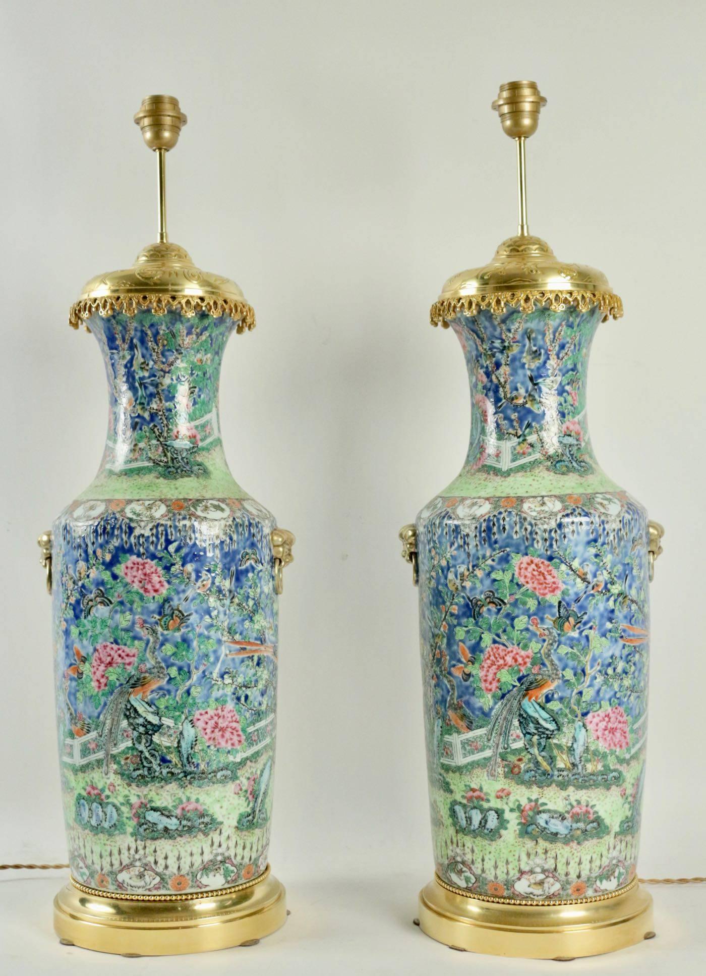 Other Pair of Fine Chinese Famille Rose Mounted Vases, China, circa 1850 For Sale
