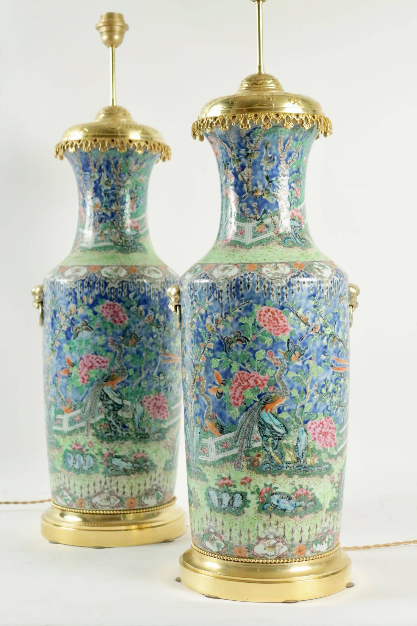 Bronze Pair of Fine Chinese Famille Rose Mounted Vases, China, circa 1850 For Sale