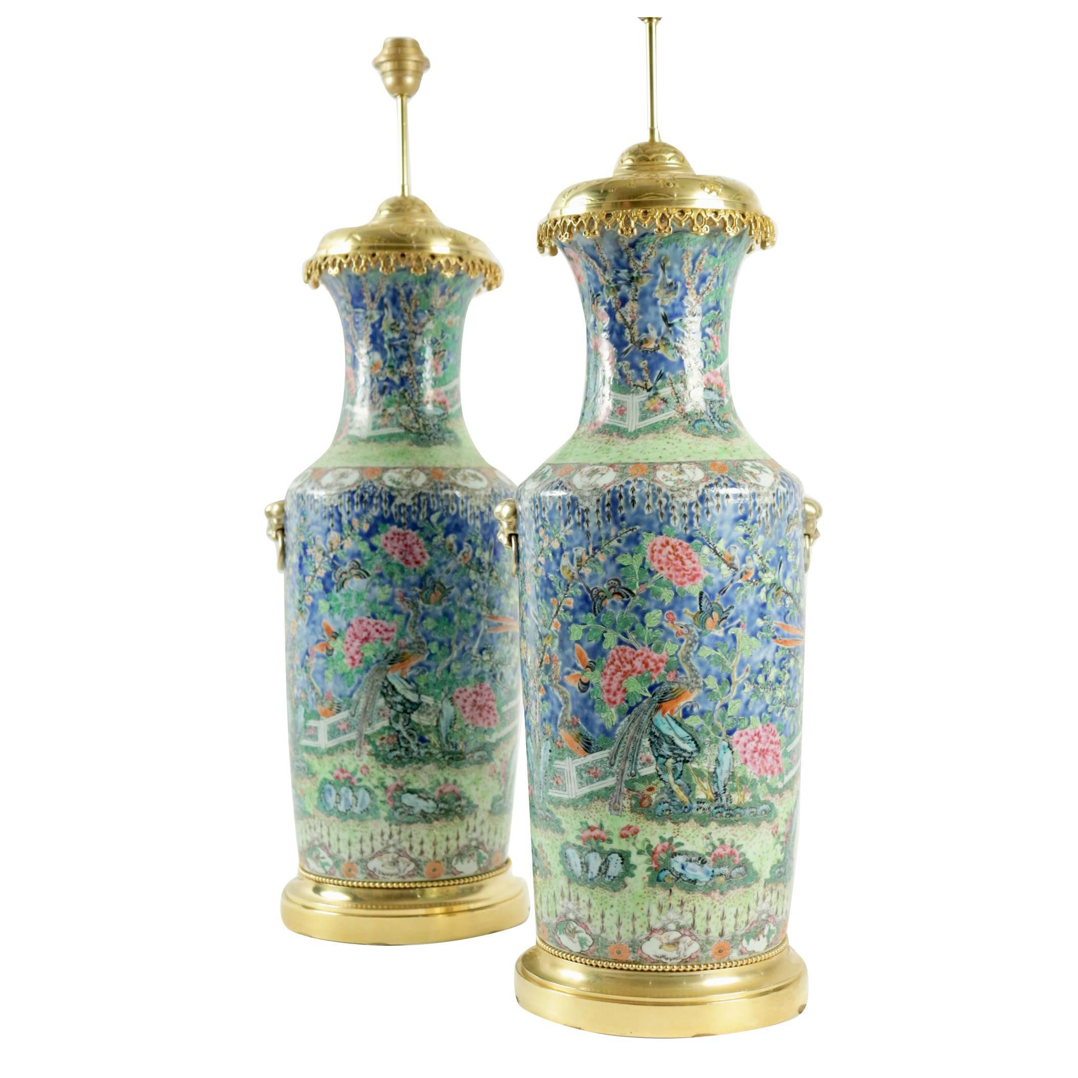Pair of Fine Chinese Famille Rose Mounted Vases, China, circa 1850 For Sale