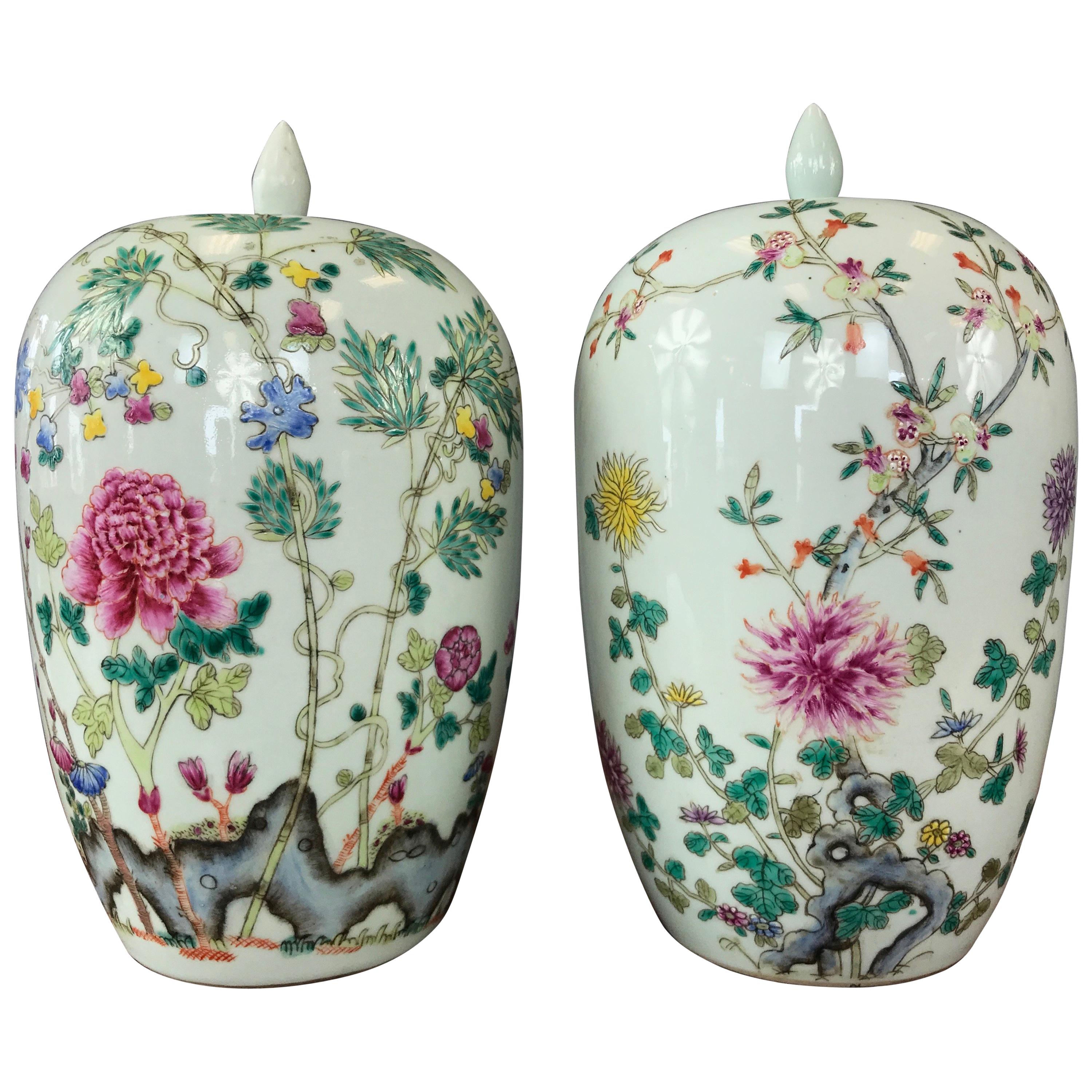 Pair of Fine Chinese Famille Rose Porcelain Covered Vases, Guangxu Period 