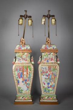 Pair of Fine Chinese Porcelain Rose Mandarin Covered Vases as Lamps, circa 1840