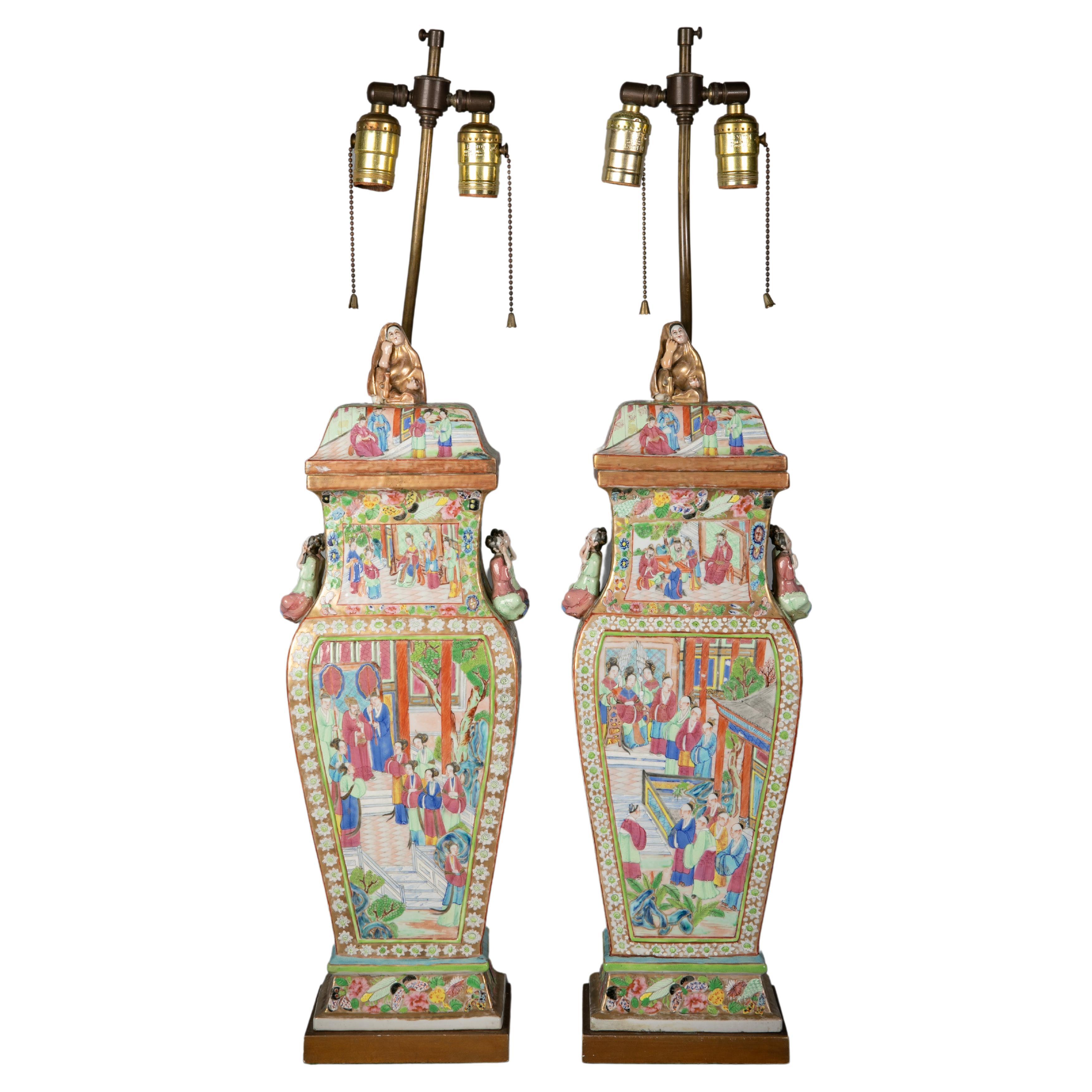 Pair of Fine Chinese Porcelain Rose Mandarin Covered Vases as Lamps, Circa 1840 For Sale