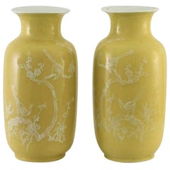 Pair Large Fine Chinese Yellow-Ground Decorated Vases Early 20th Century, Marked