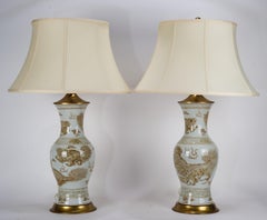 Pair of Chinoiserie Ceramic Table Lamps, White & Gold Foo Dogs Decor