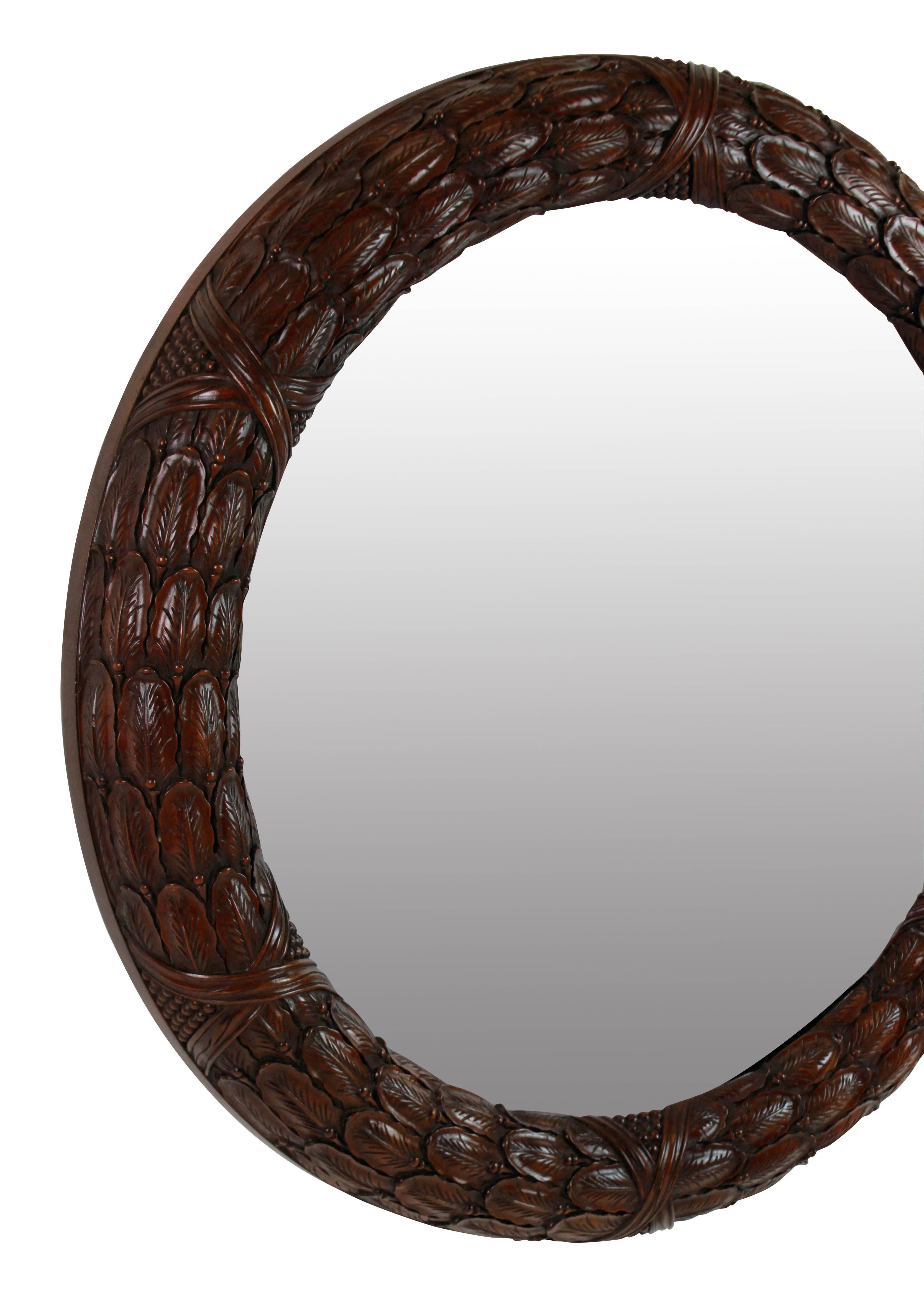 English Pair of Fine Circular Mahogany Laurel Leaf Mirrors