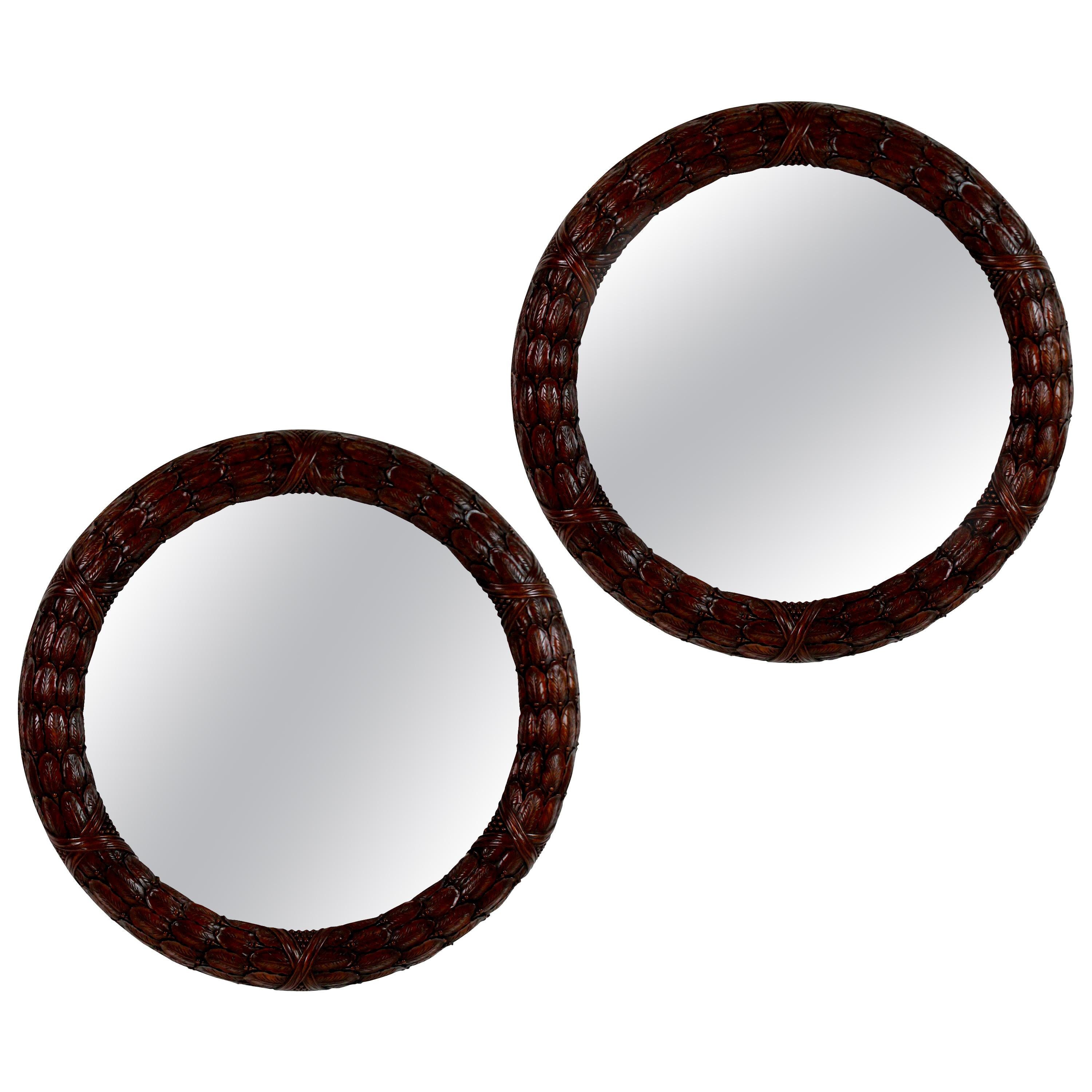 Pair of Fine Circular Mahogany Laurel Leaf Mirrors