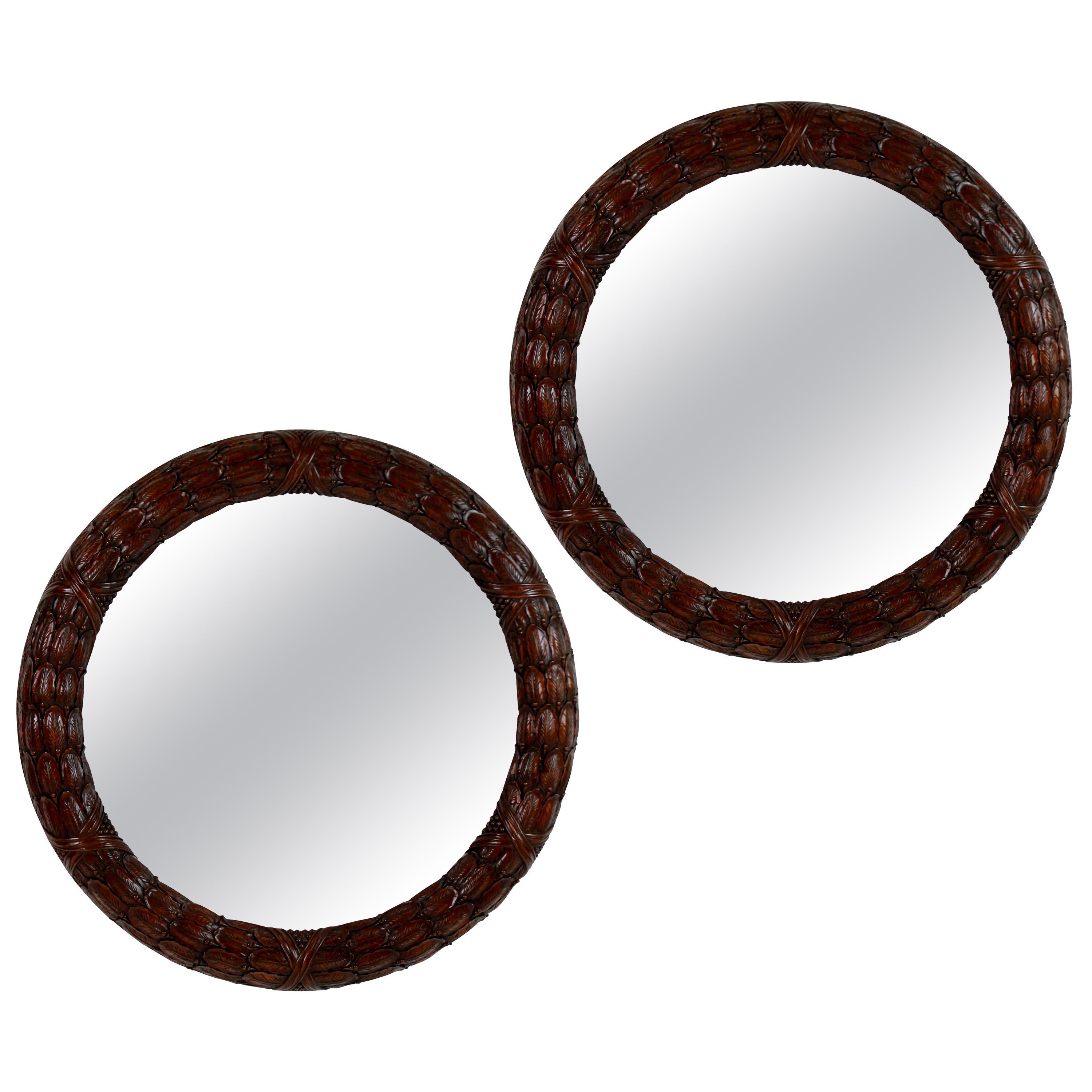 Pair of Fine Circular Mahogany Laurel Leaf Mirrors