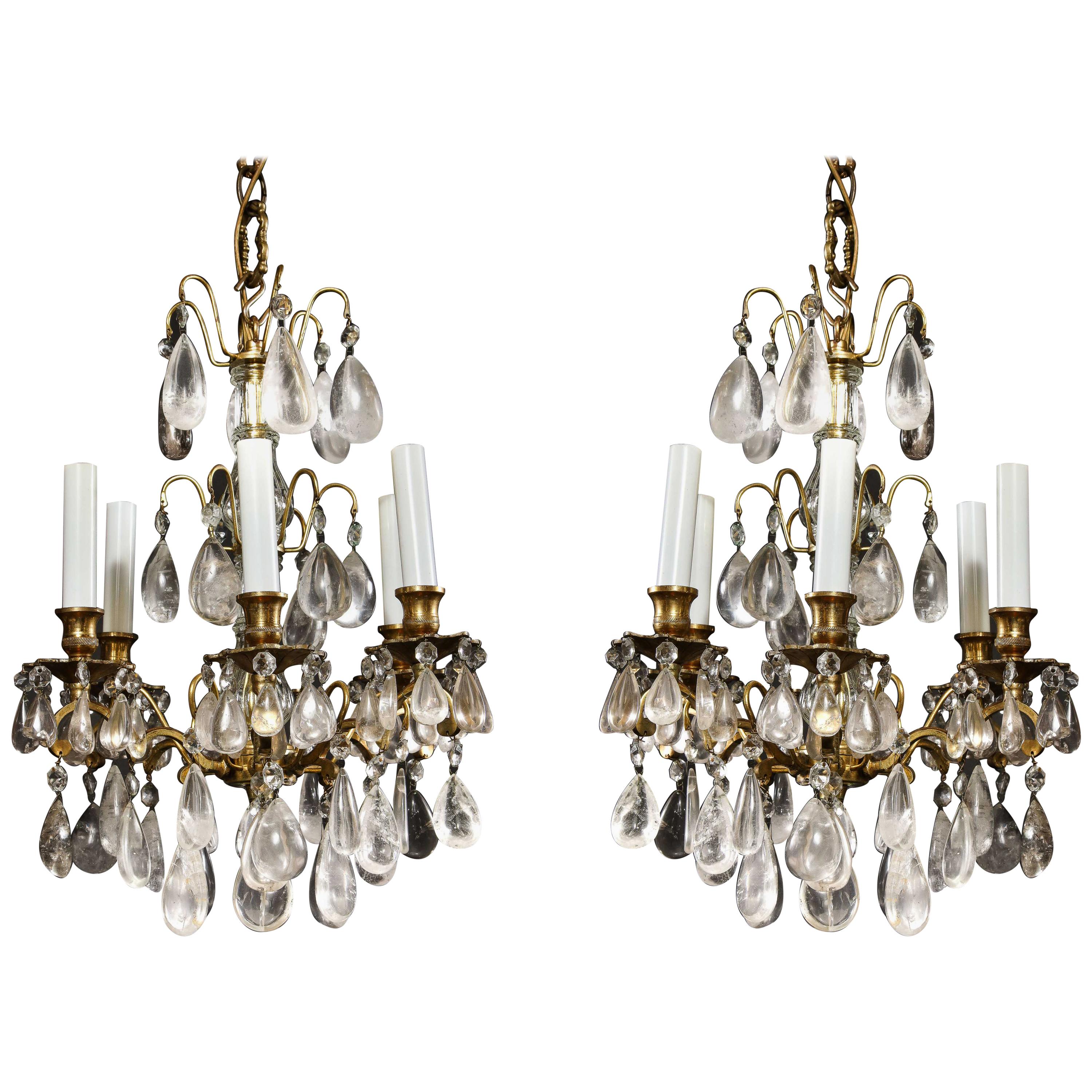 Pair of Fine Continental Louis XVI Style Rock Crystal Chandeliers