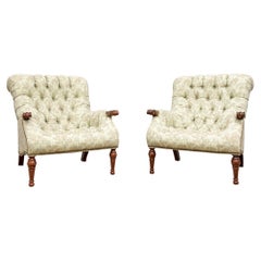 Pair of Fine Custom Upholstered Tufted Lounge Chairs