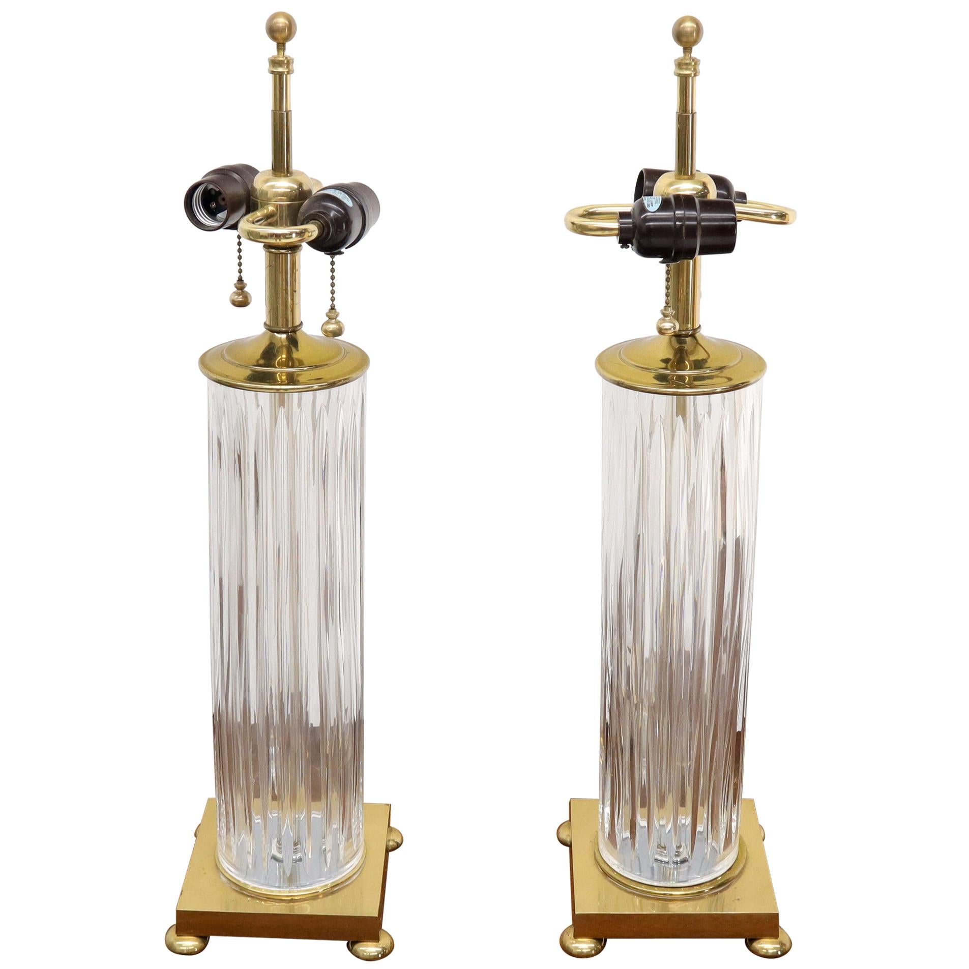 Pair of Fine Cut Glass Crystal Cylinder Shape Table Lamps on Brass Bases