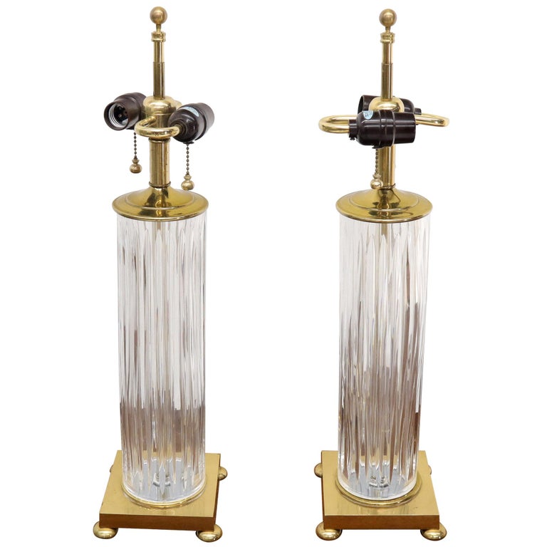 Pair of Fine Cut Glass Crystal Cylinder Shape Table Lamps on Brass Bases For Sale