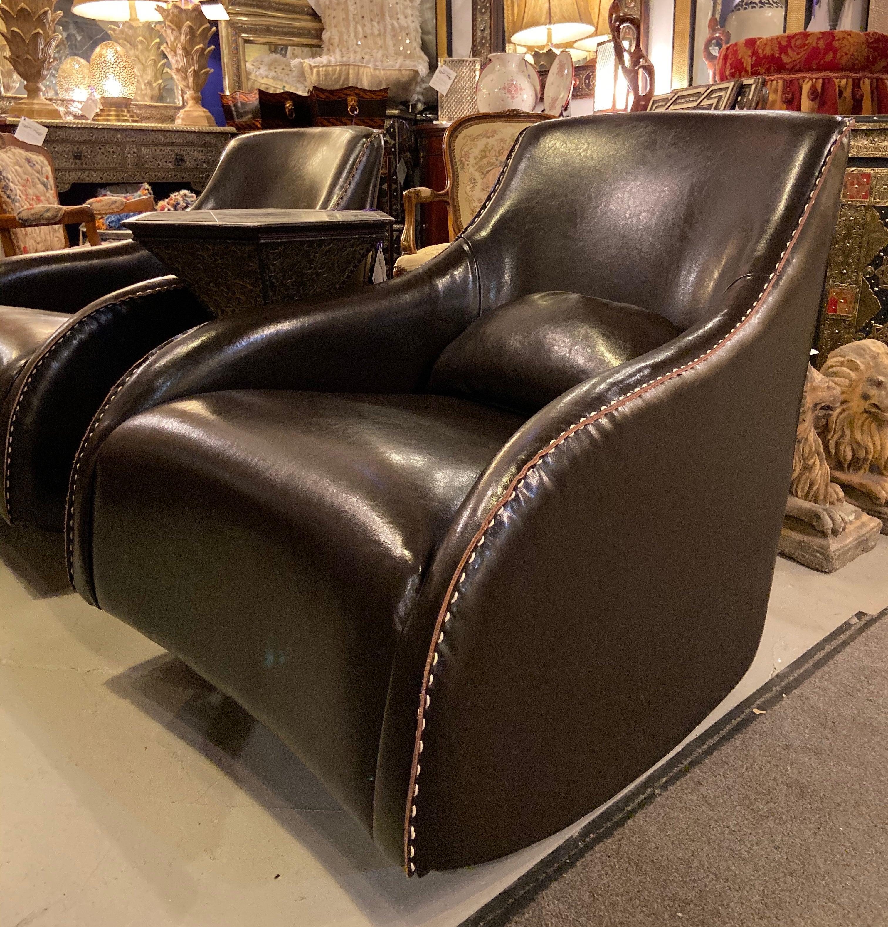 Pair of Fine Dark Brown Leather Rocking Club Chairs, Mid-Century Modern Style 4