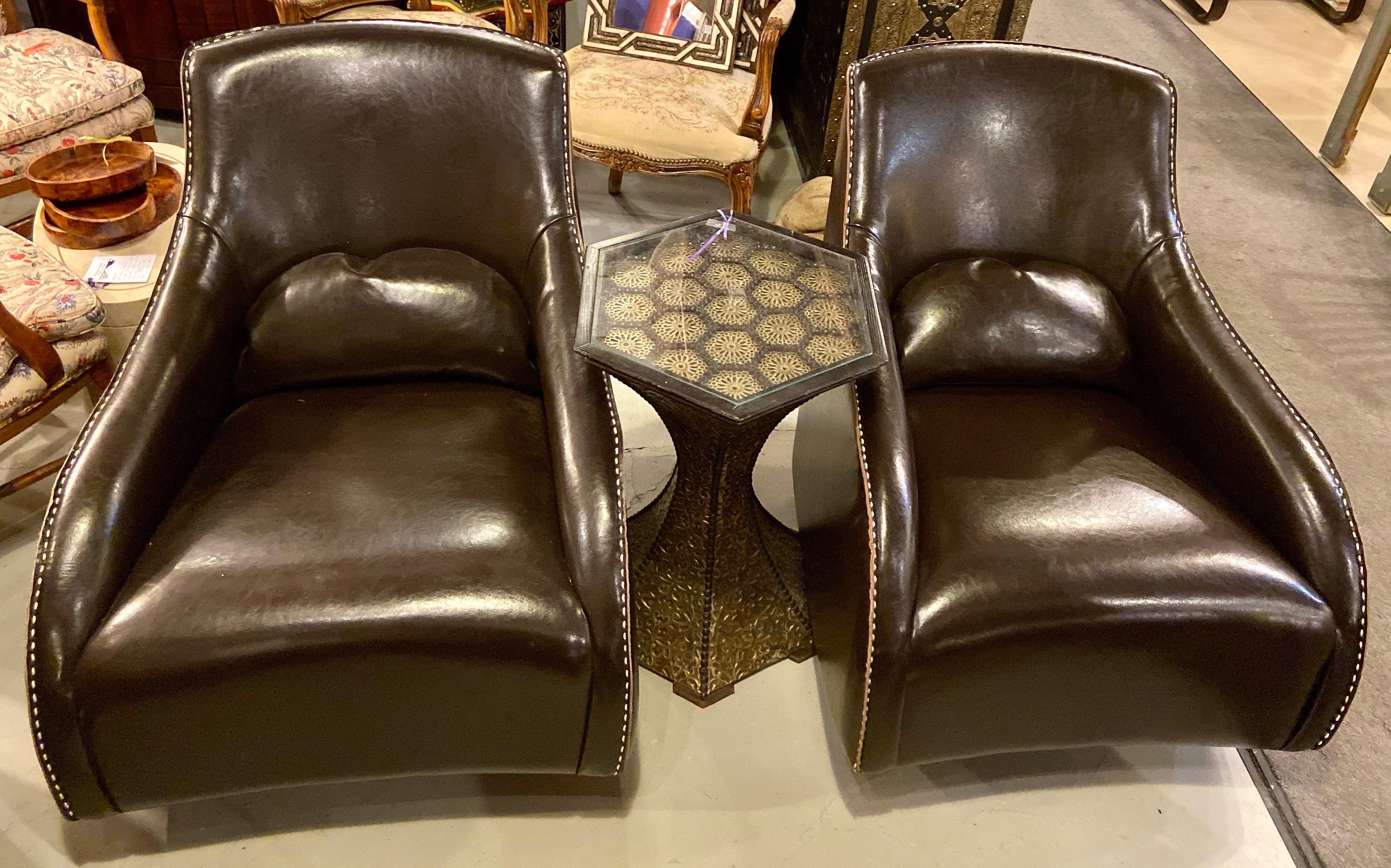 Pair of Fine Dark Brown Leather Rocking Club Chairs, Mid-Century Modern Style 6