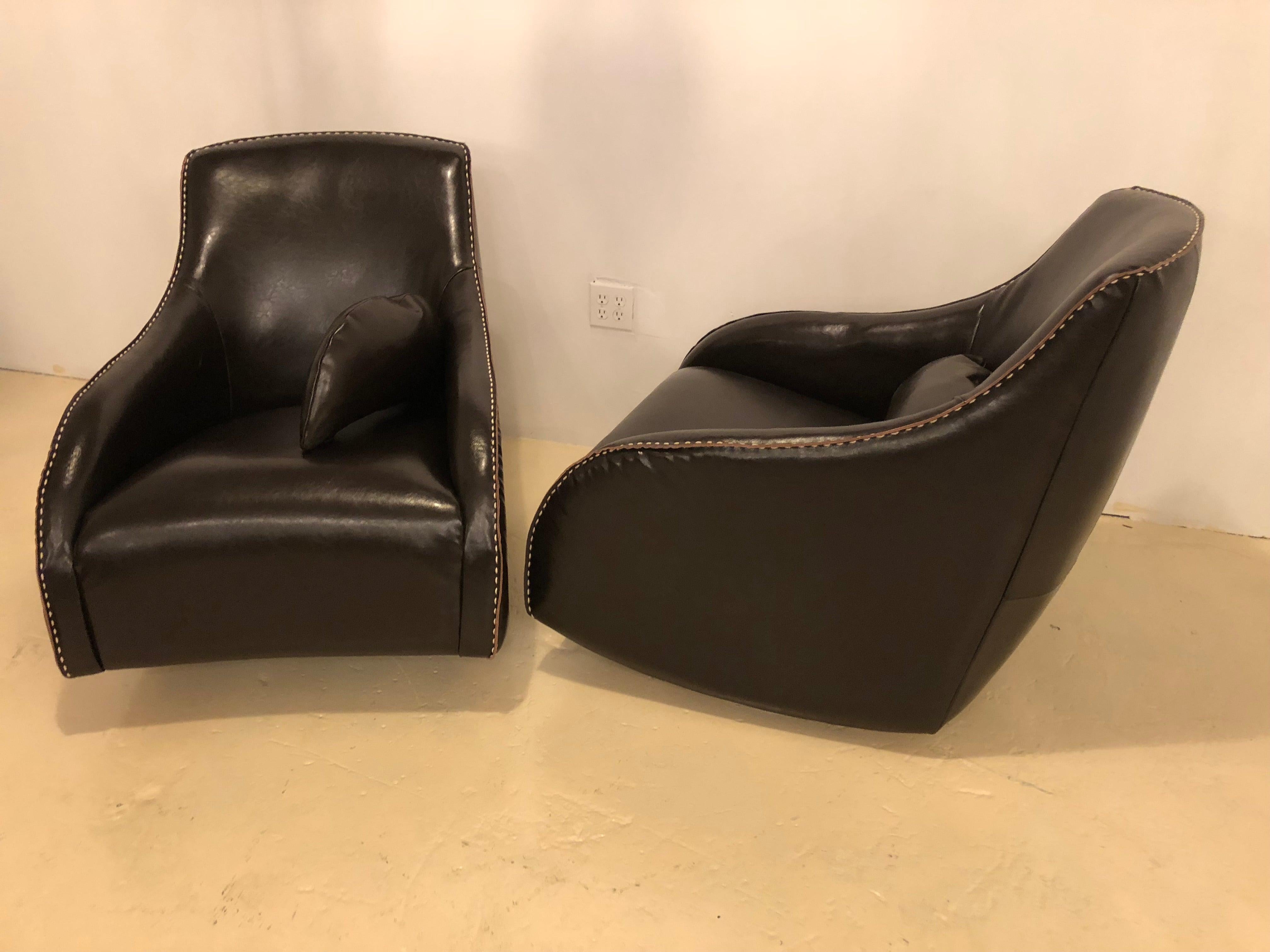 Late 20th Century Pair of Fine Dark Brown Leather Rocking Club Chairs, Mid-Century Modern Style