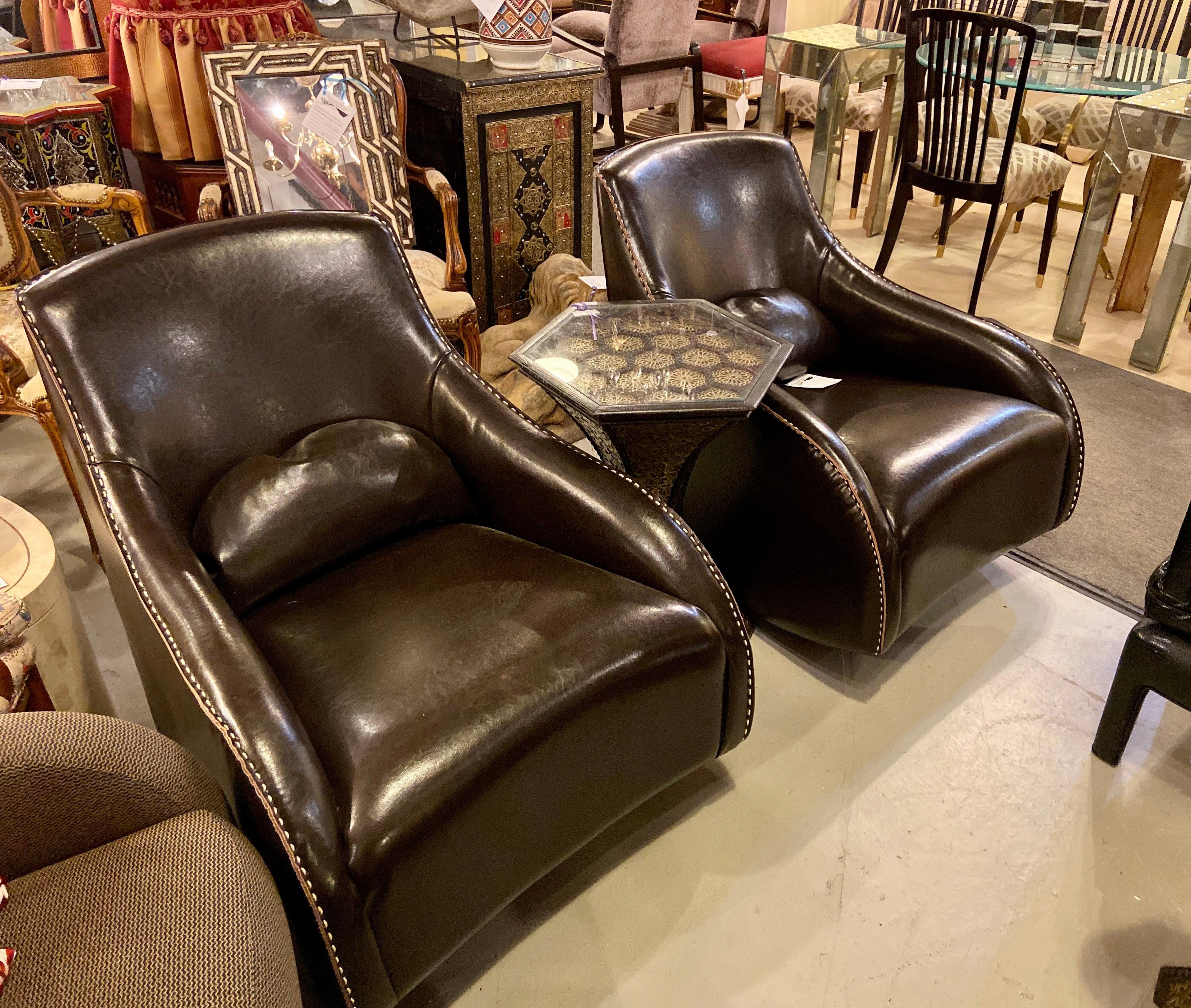 Pair of Fine Dark Brown Leather Rocking Club Chairs, Mid-Century Modern Style 1