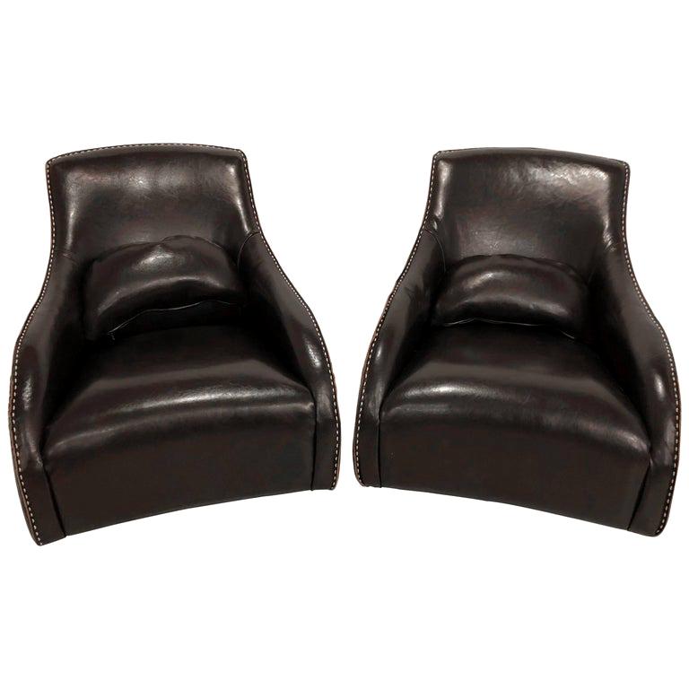Pair of Fine Dark Brown Leather Rocking Club Chairs, Mid-Century Modern Style