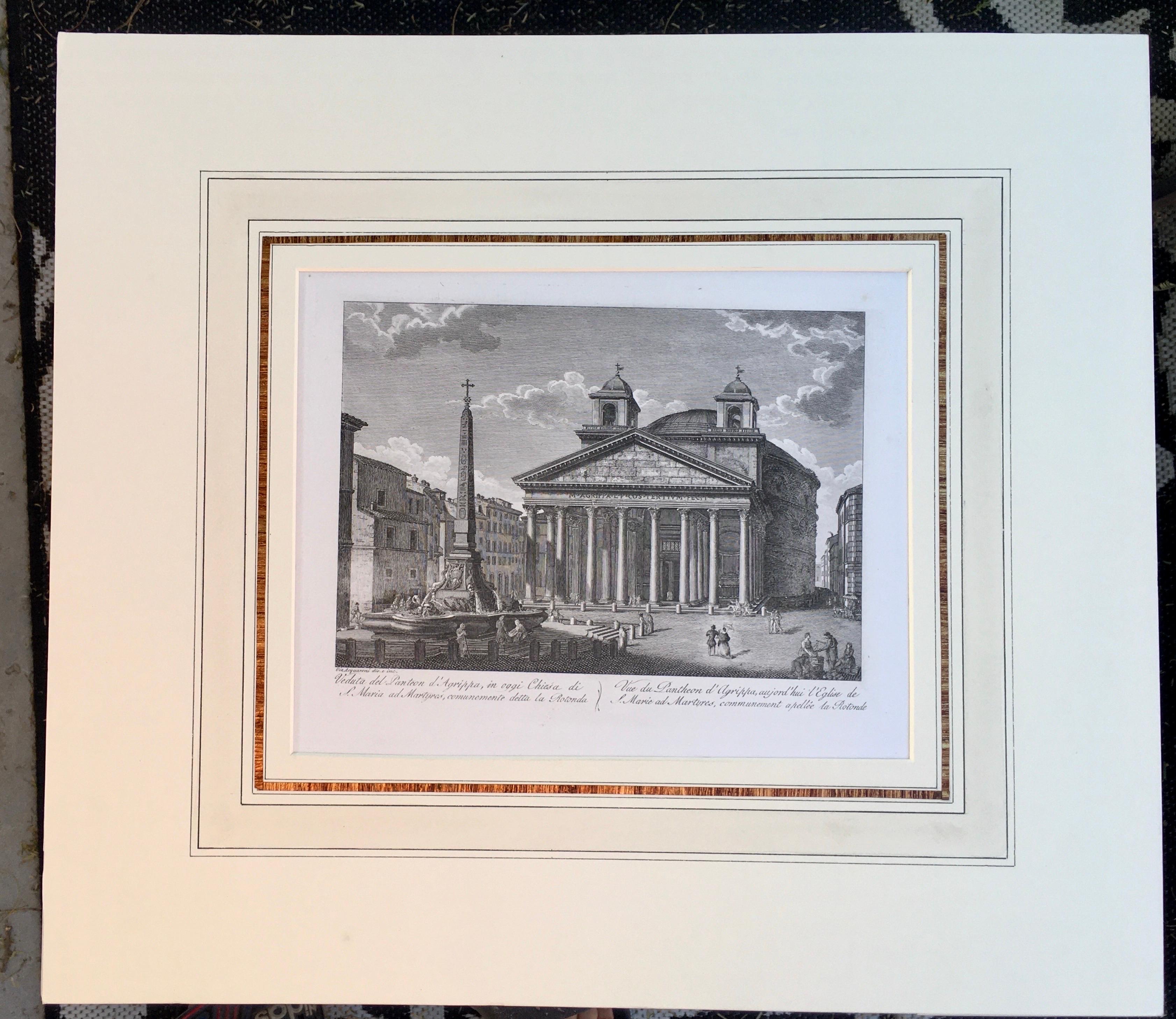 A pair of rare and quite beautiful pair of engravings of the city of Rome, printed in 1816. Both are printed from original copper plate. 
Custom handmade French mat in the 18th century manner with artists gold banding on archival board.
Purchased in