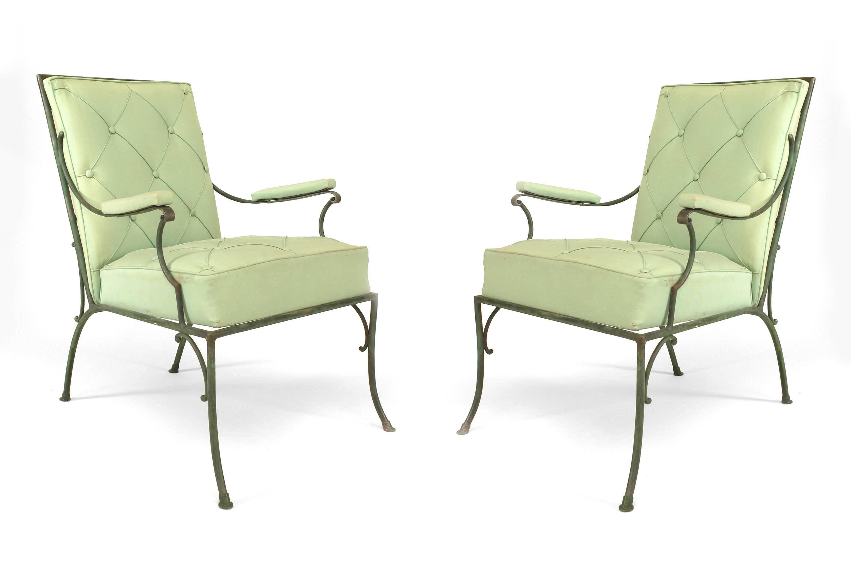 Pair of French 1940s green painted iron Armchairs with green cotton buttoned cushions
