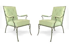 Fauteuils vintage français en fer forgé avec coussins verts, vers 1940