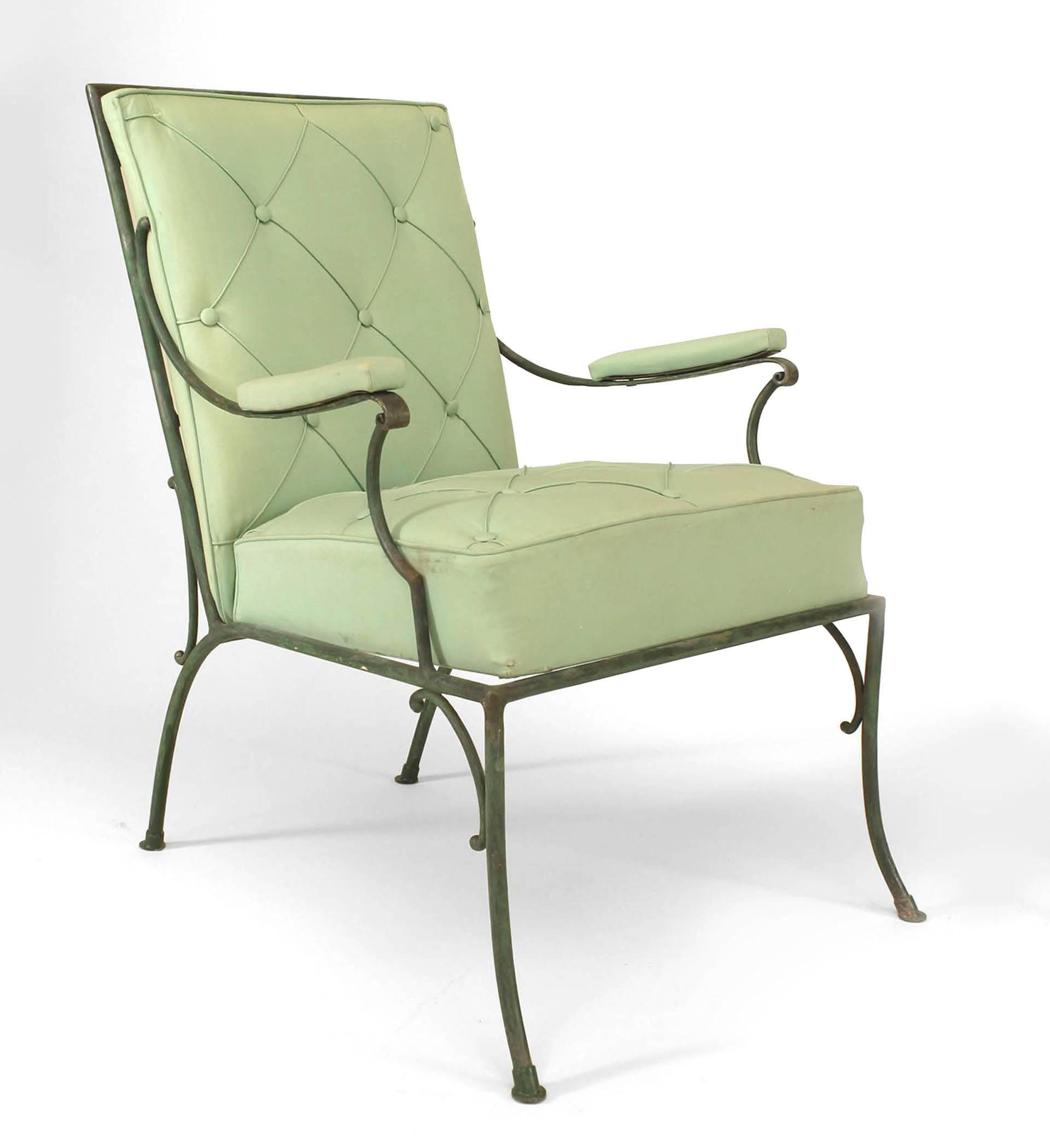 Pair of French Green Cushions Iron Armchairs In Good Condition For Sale In New York, NY