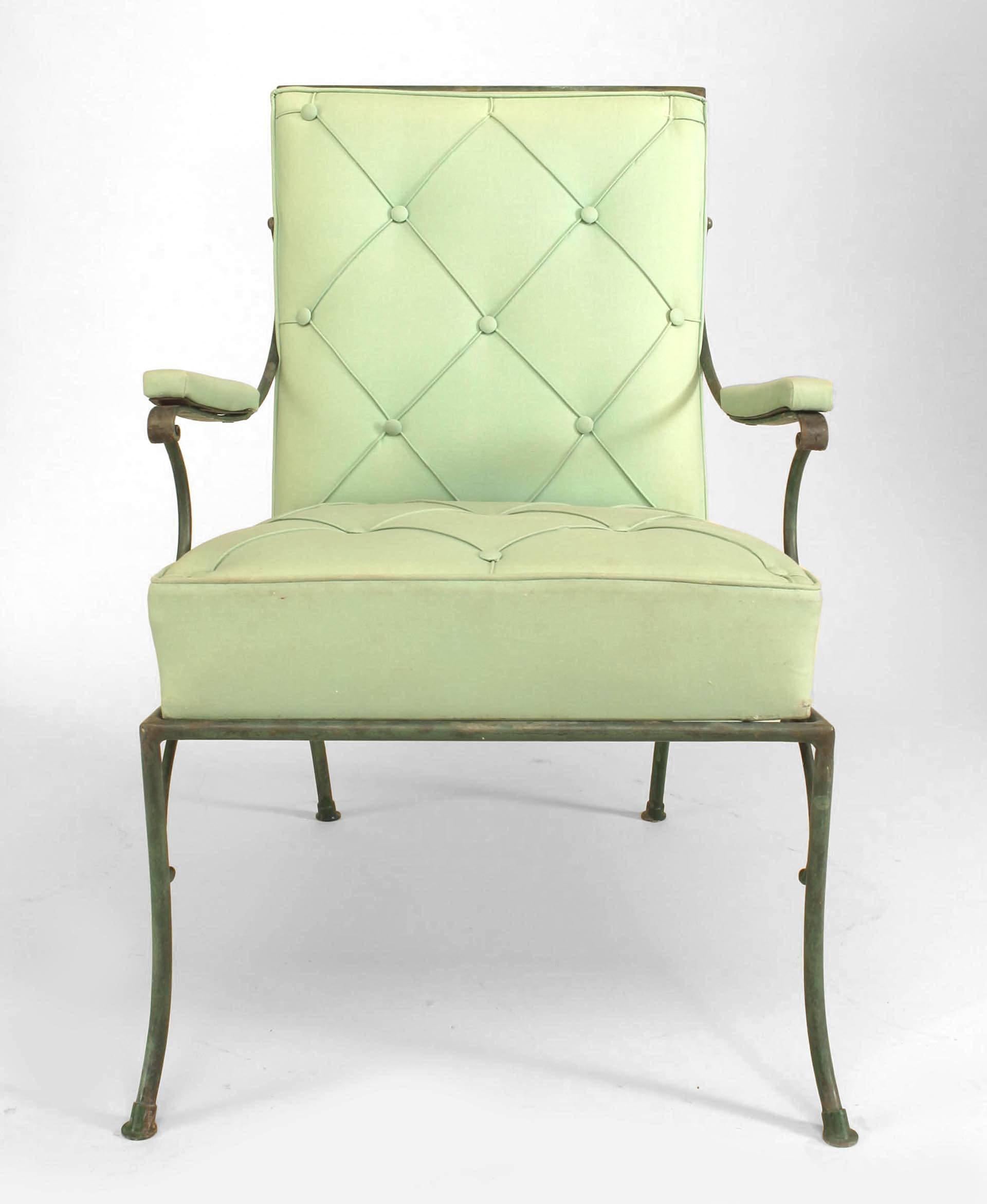 Mid-20th Century Pair of French Green Cushions Iron Armchairs For Sale